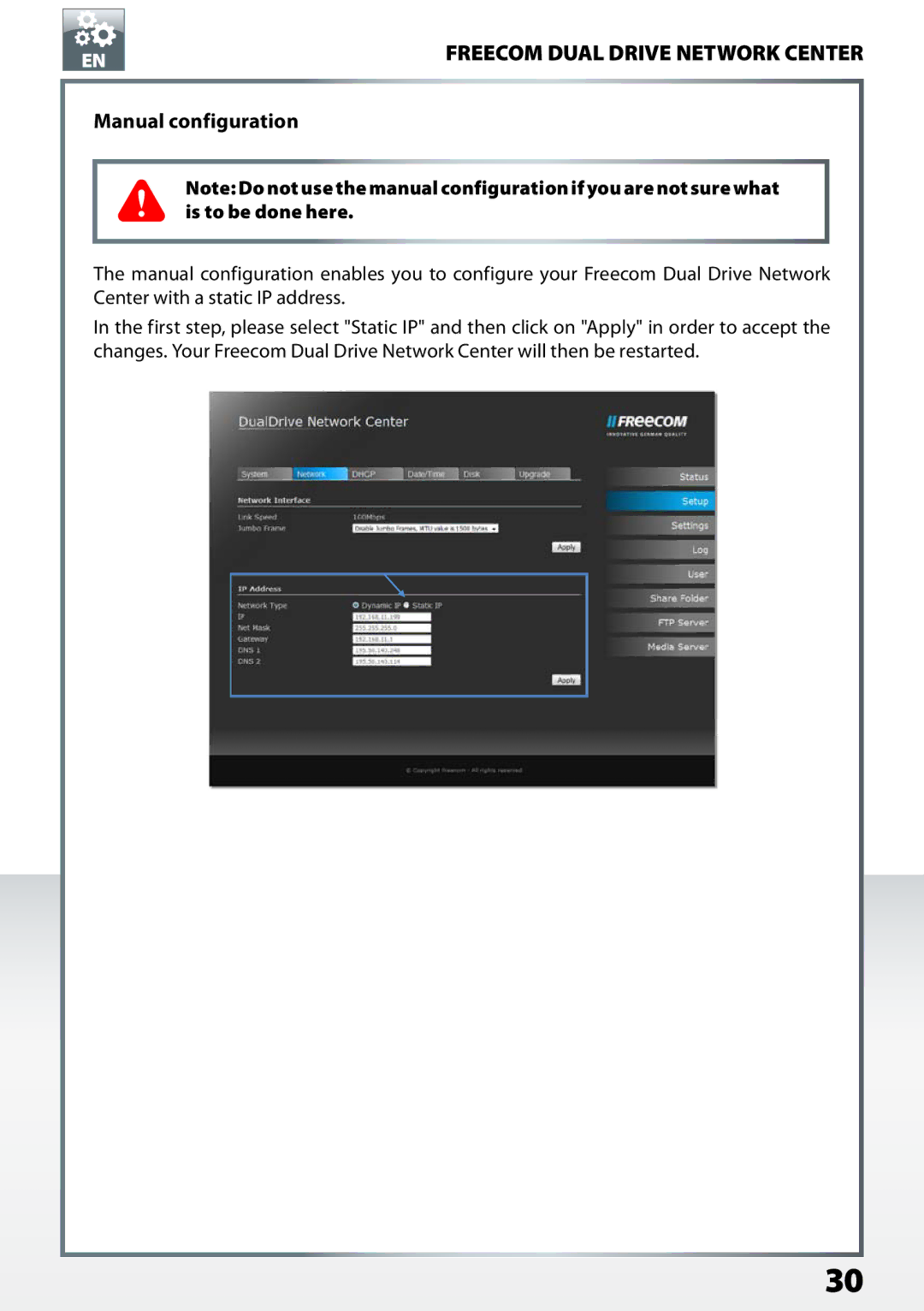 Freecom Technologies Dual Drive Network Center user manual Manual configuration 