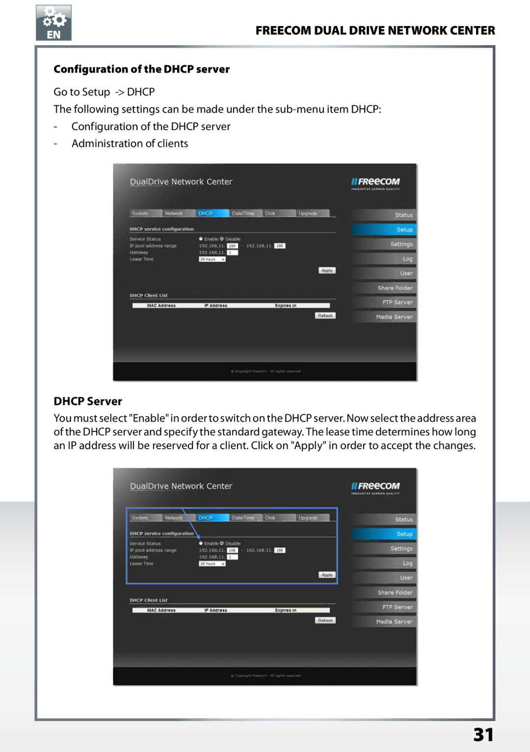 Freecom Technologies Dual Drive Network Center user manual Dhcp Server, Configuration of the Dhcp server 