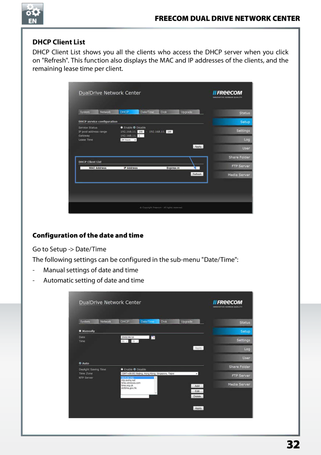 Freecom Technologies Dual Drive Network Center user manual Dhcp Client List, Configuration of the date and time 