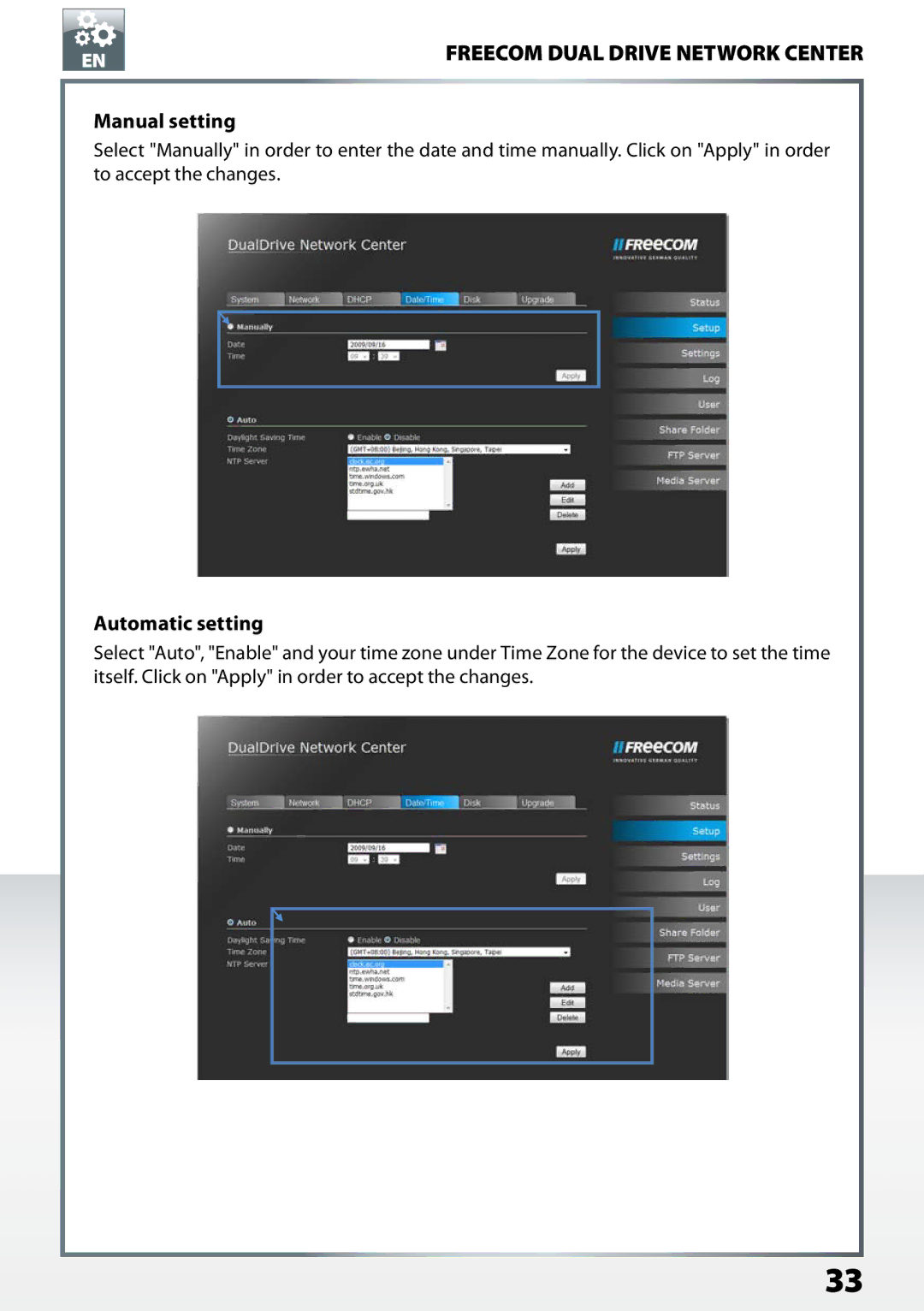 Freecom Technologies Dual Drive Network Center user manual Manual setting, Automatic setting 