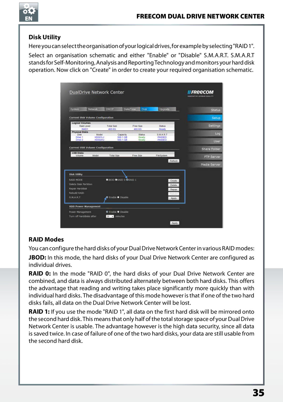 Freecom Technologies Dual Drive Network Center user manual Disk Utility, RAID Modes 