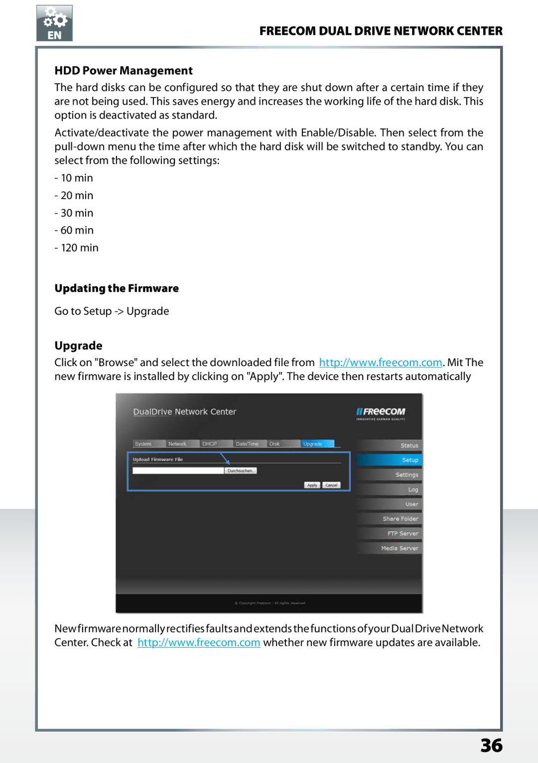 Freecom Technologies Dual Drive Network Center user manual HDD Power Management, Upgrade, Updating the Firmware 