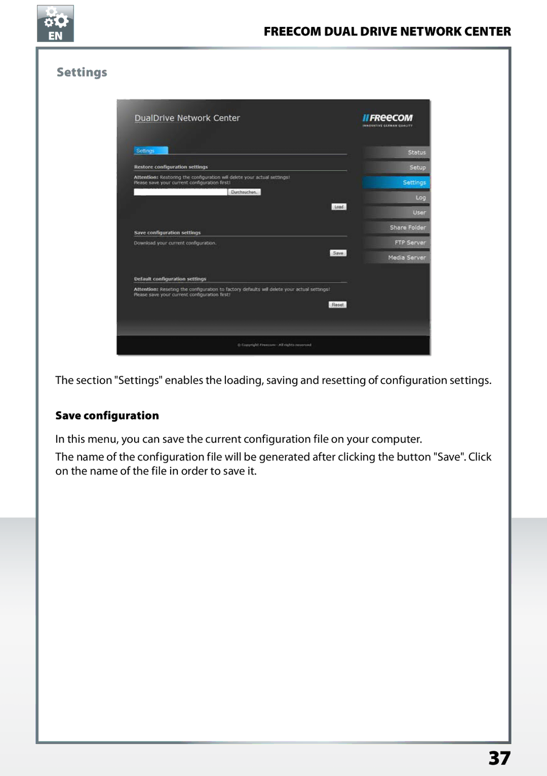 Freecom Technologies Dual Drive Network Center user manual Settings, Save configuration 