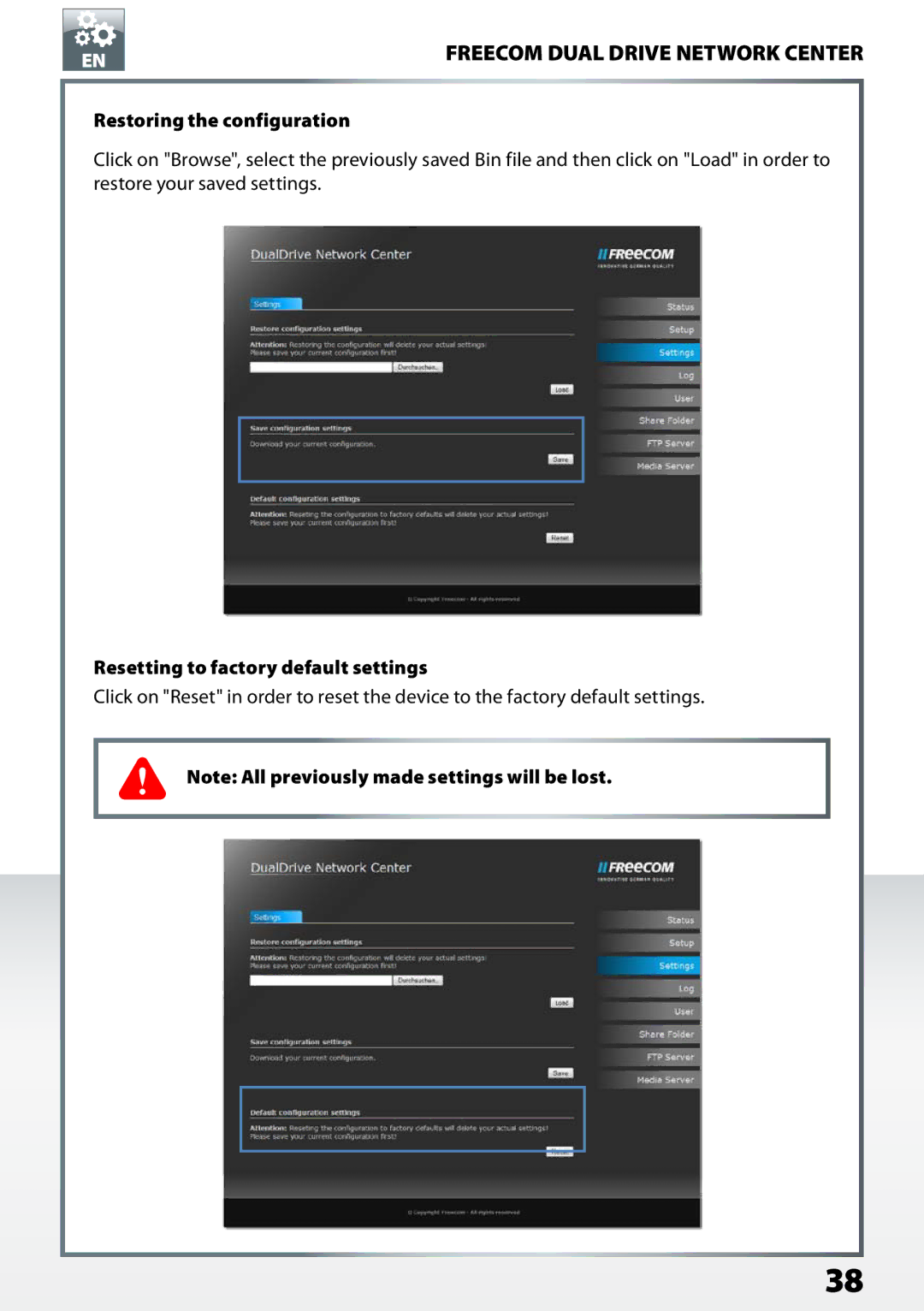 Freecom Technologies Dual Drive Network Center Restoring the configuration, Resetting to factory default settings 