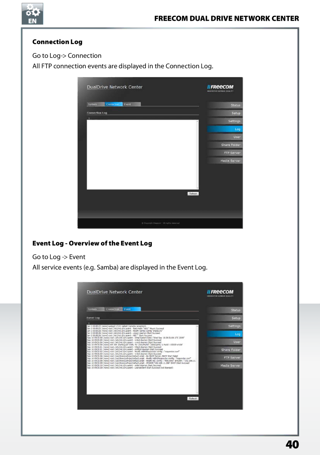 Freecom Technologies Dual Drive Network Center user manual Connection Log, Event Log Overview of the Event Log 