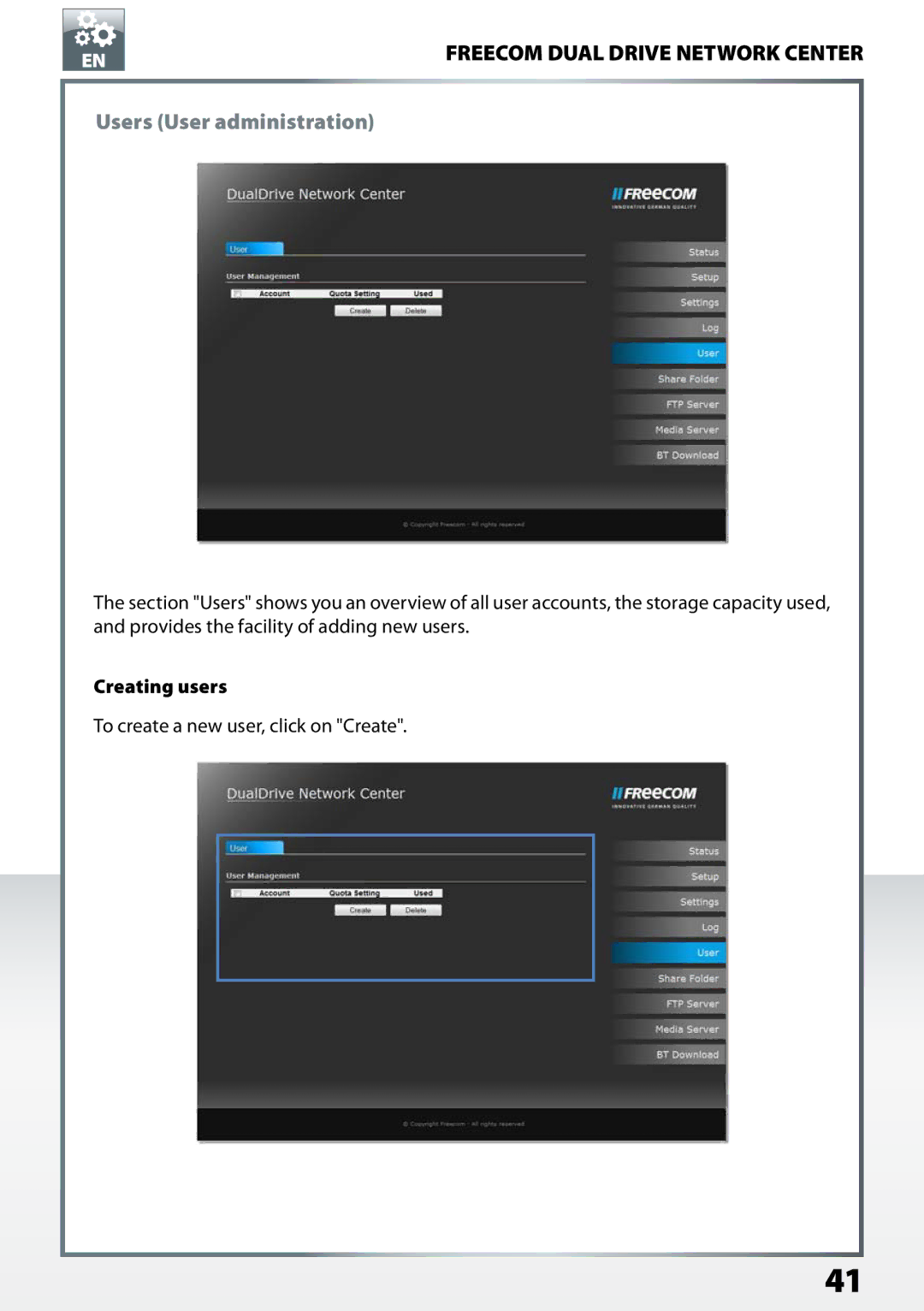 Freecom Technologies Dual Drive Network Center user manual Users User administration, Creating users 