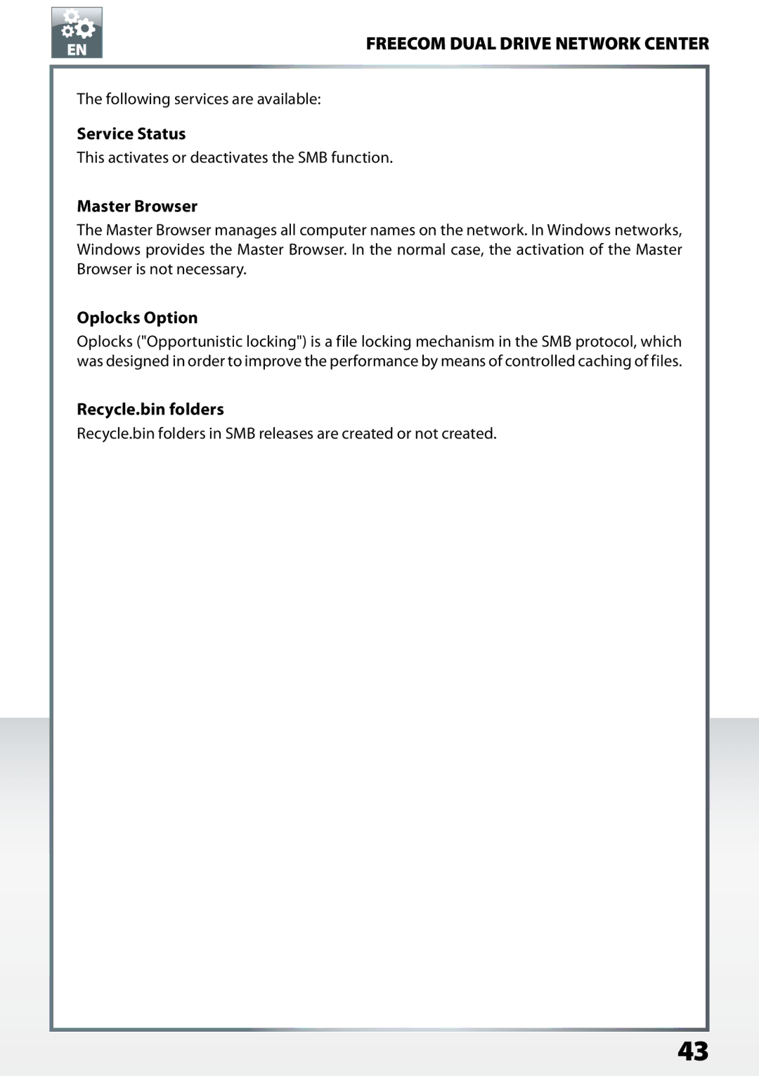 Freecom Technologies Dual Drive Network Center Service Status, Master Browser, Oplocks Option, Recycle.bin folders 