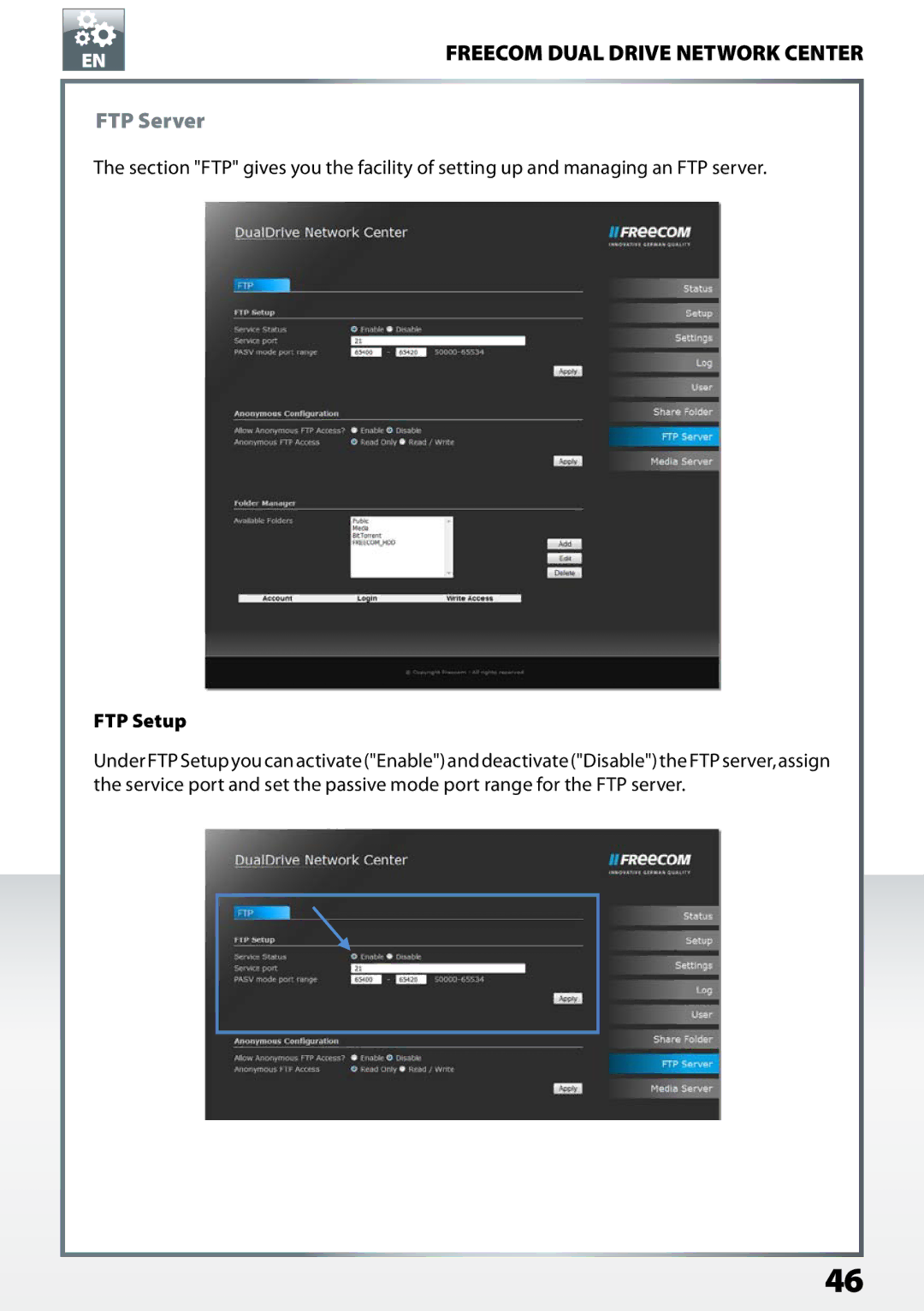 Freecom Technologies Dual Drive Network Center user manual FTP Server, FTP Setup 