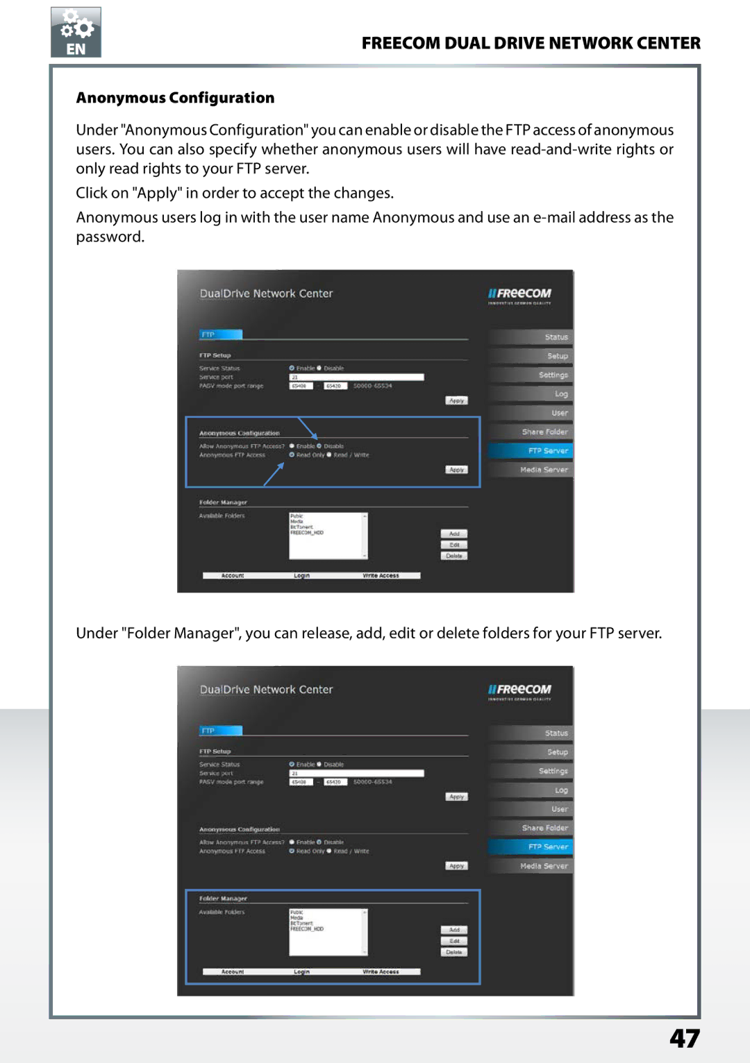 Freecom Technologies Dual Drive Network Center user manual Anonymous Configuration 