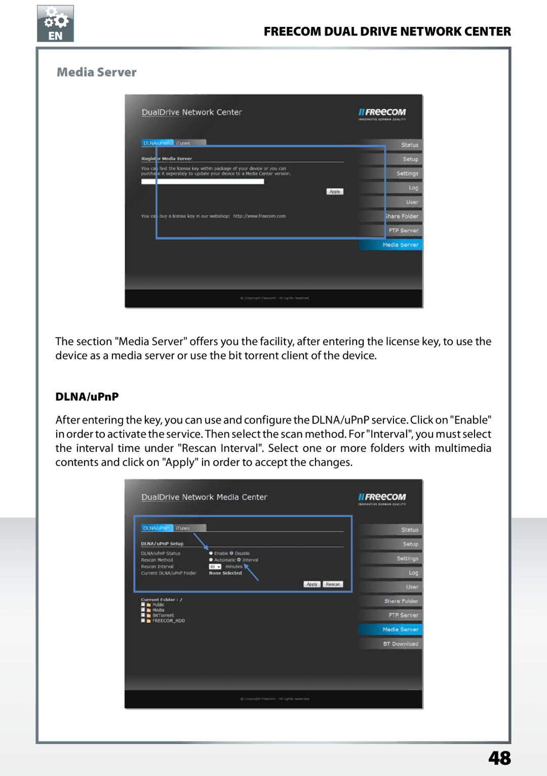 Freecom Technologies Dual Drive Network Center user manual Media Server, DLNA/uPnP 