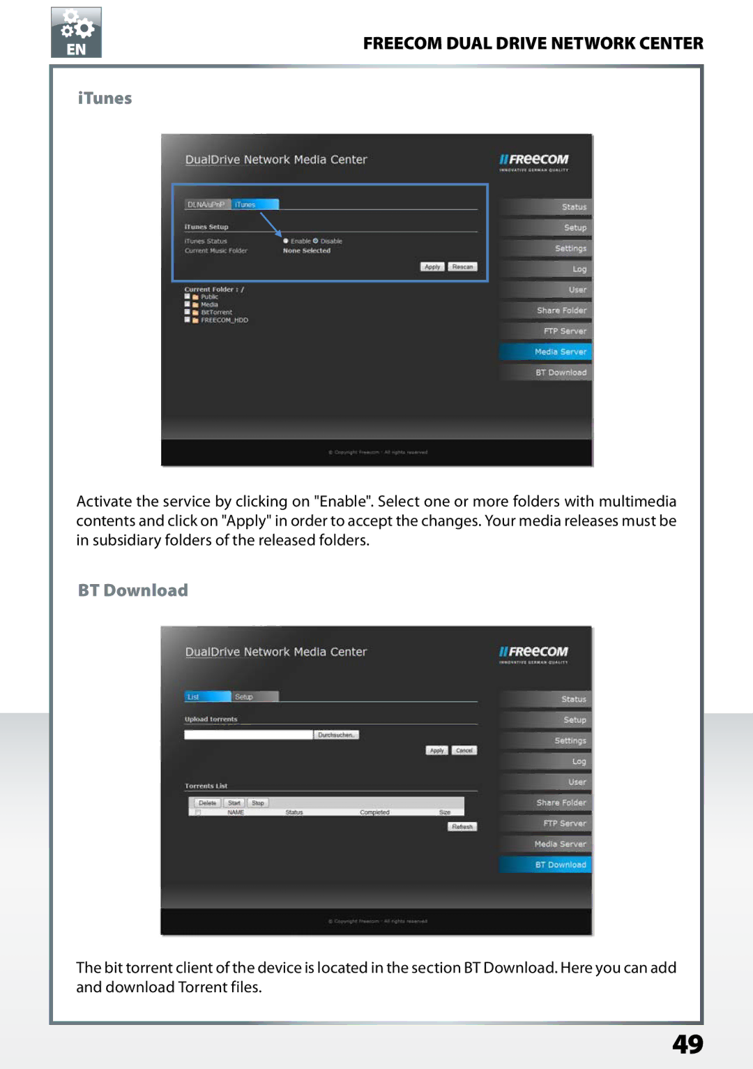 Freecom Technologies Dual Drive Network Center user manual ITunes, BT Download 