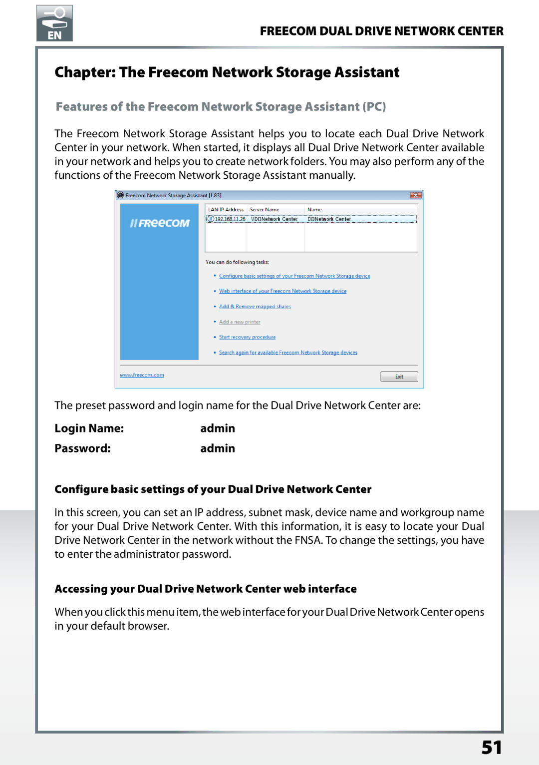 Freecom Technologies Dual Drive Network Center Chapter The Freecom Network Storage Assistant, Login Name, Password 