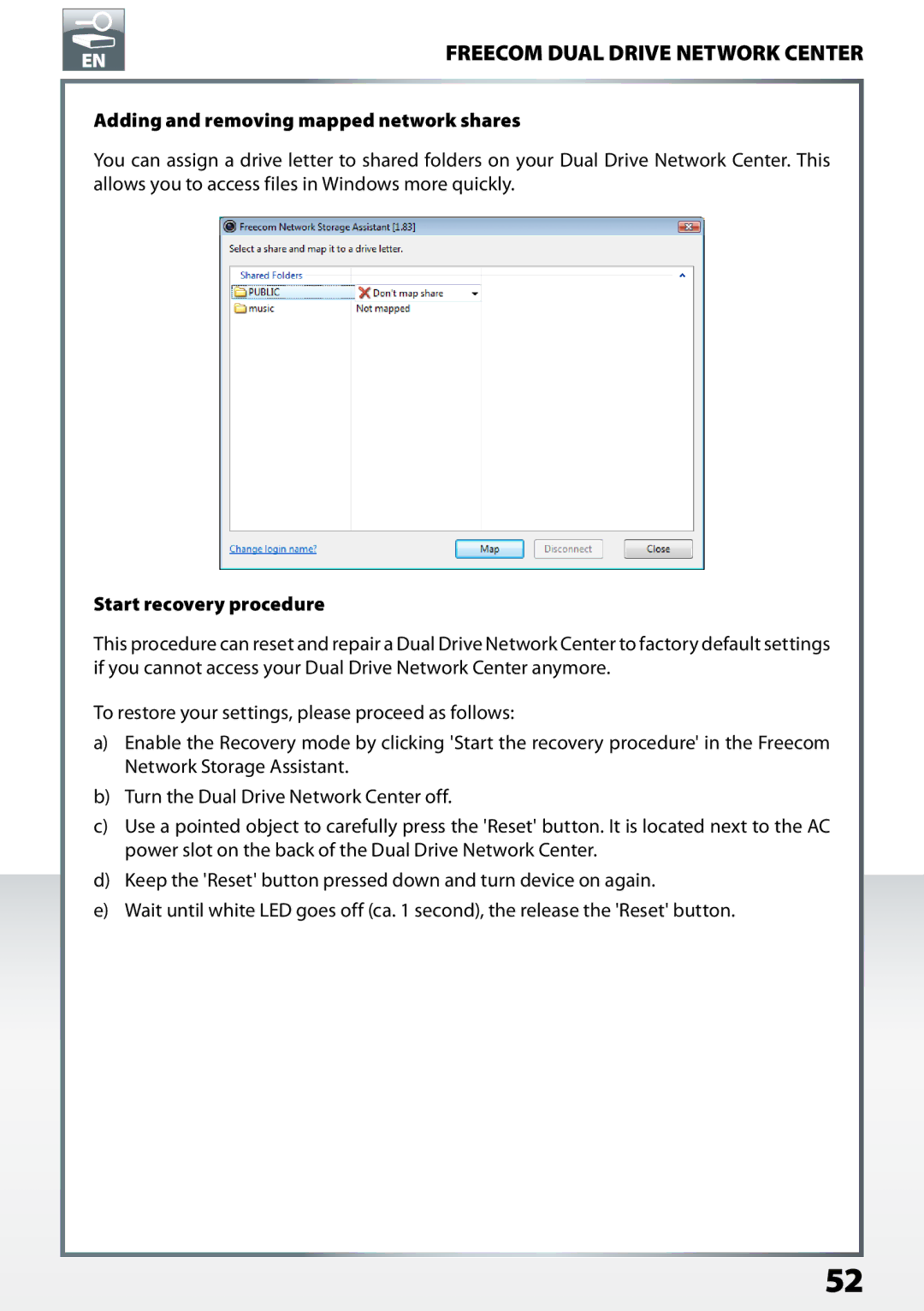 Freecom Technologies Dual Drive Network Center Adding and removing mapped network shares, Start recovery procedure 