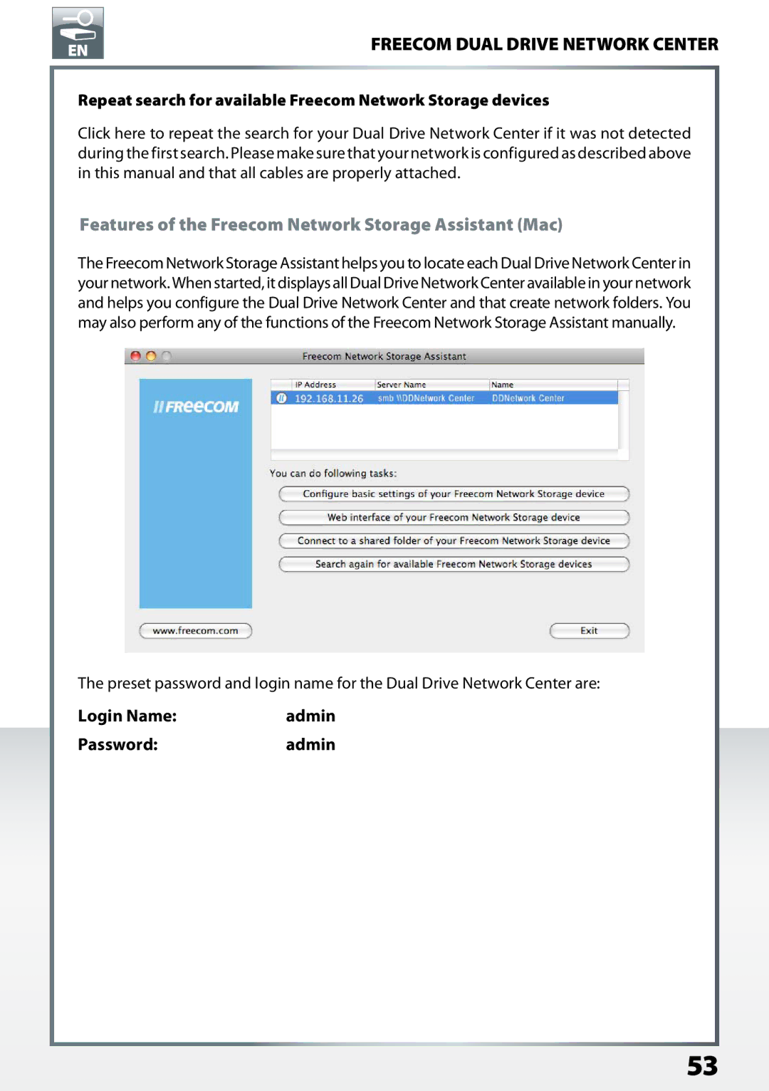 Freecom Technologies Dual Drive Network Center user manual Features of the Freecom Network Storage Assistant Mac 