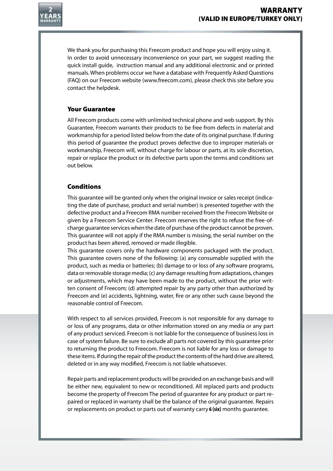 Freecom Technologies Dual Drive Network Center user manual Your Guarantee, Conditions 