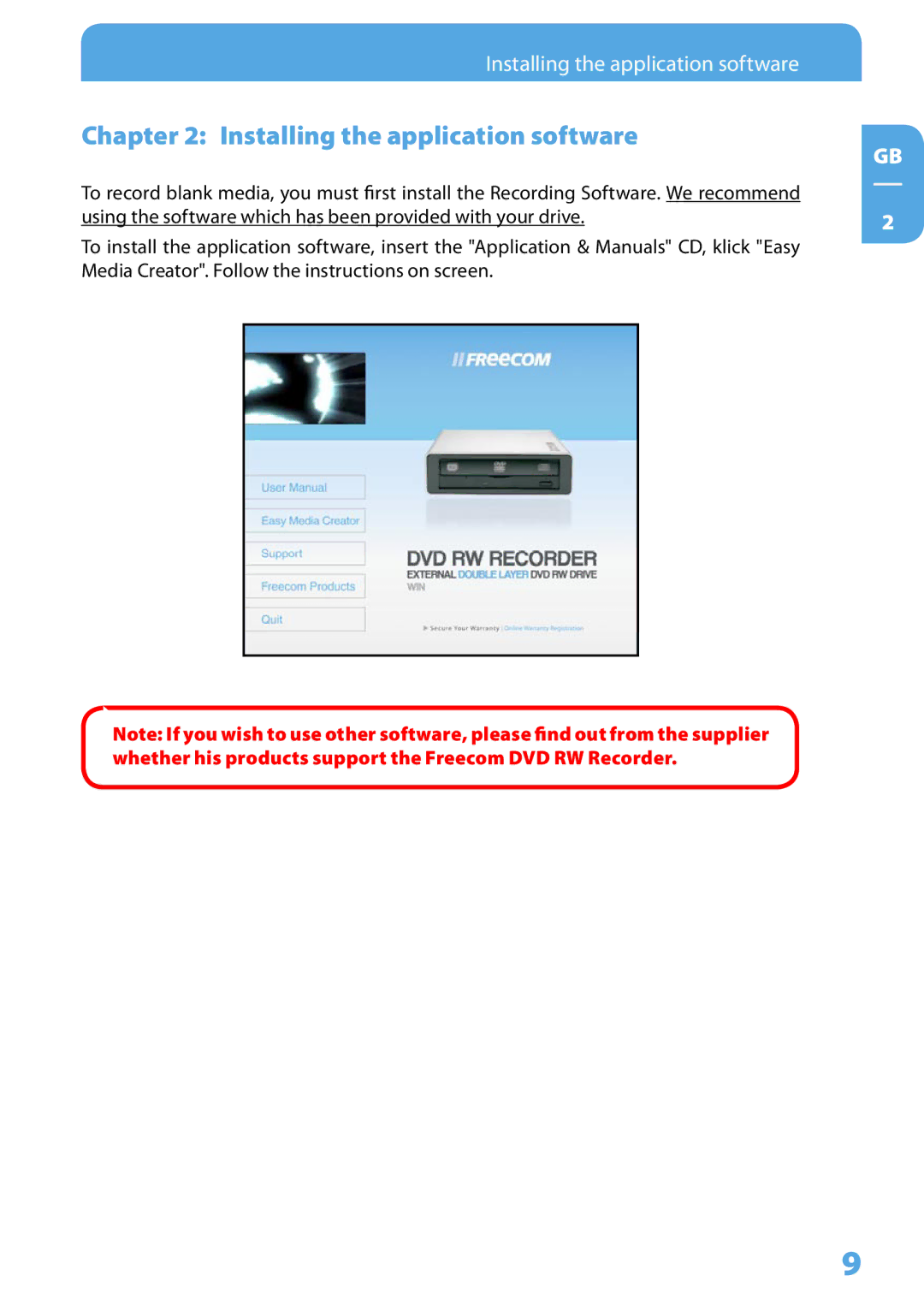 Freecom Technologies DVD RW Recorder user manual Installing the application software 
