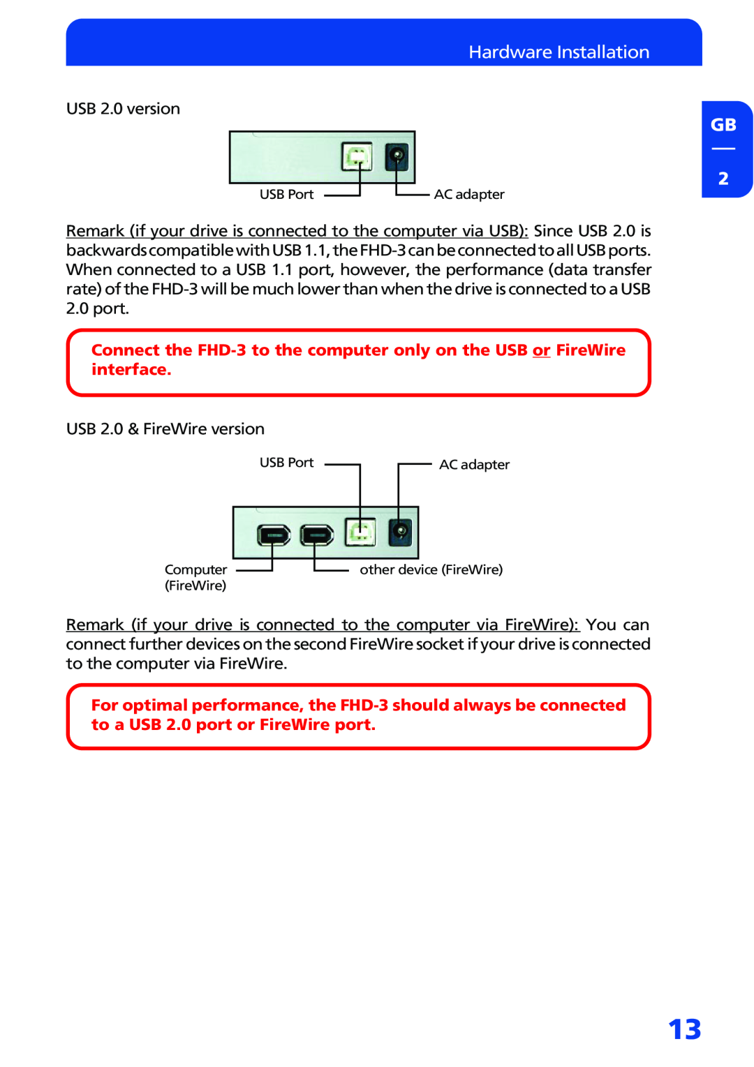 Freecom Technologies FHD-3 manual Hardware Installation GB 