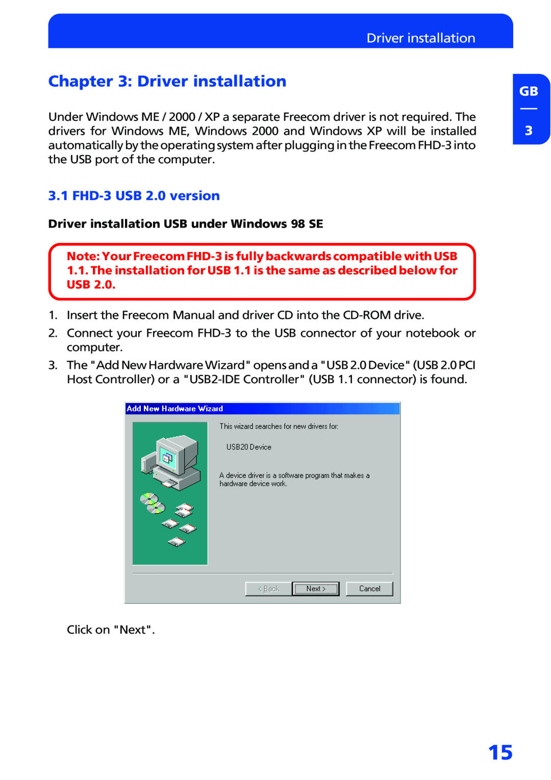 Freecom Technologies manual Driver installation, FHD-3 USB 2.0 version 