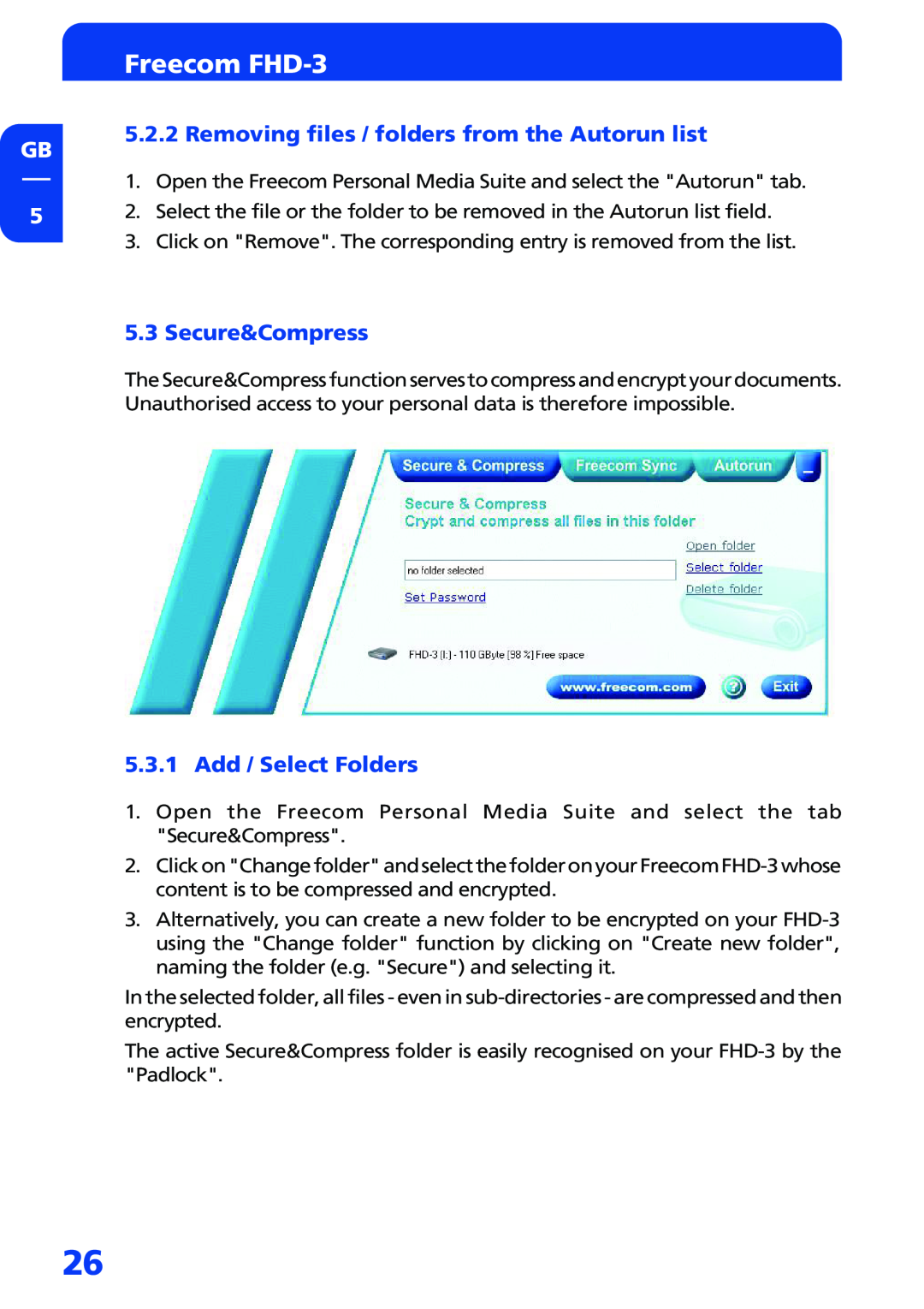 Freecom Technologies FHD-3 manual Removing files / folders from the Autorun list, Secure&Compress, Add / Select Folders 