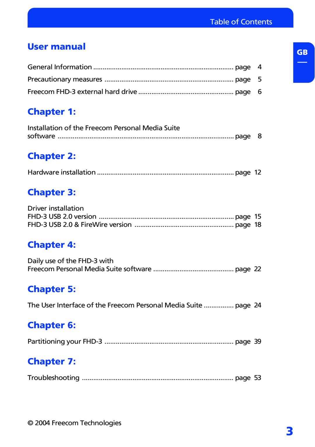 Freecom Technologies FHD-3 User manual, Chapter, Table of Contents 