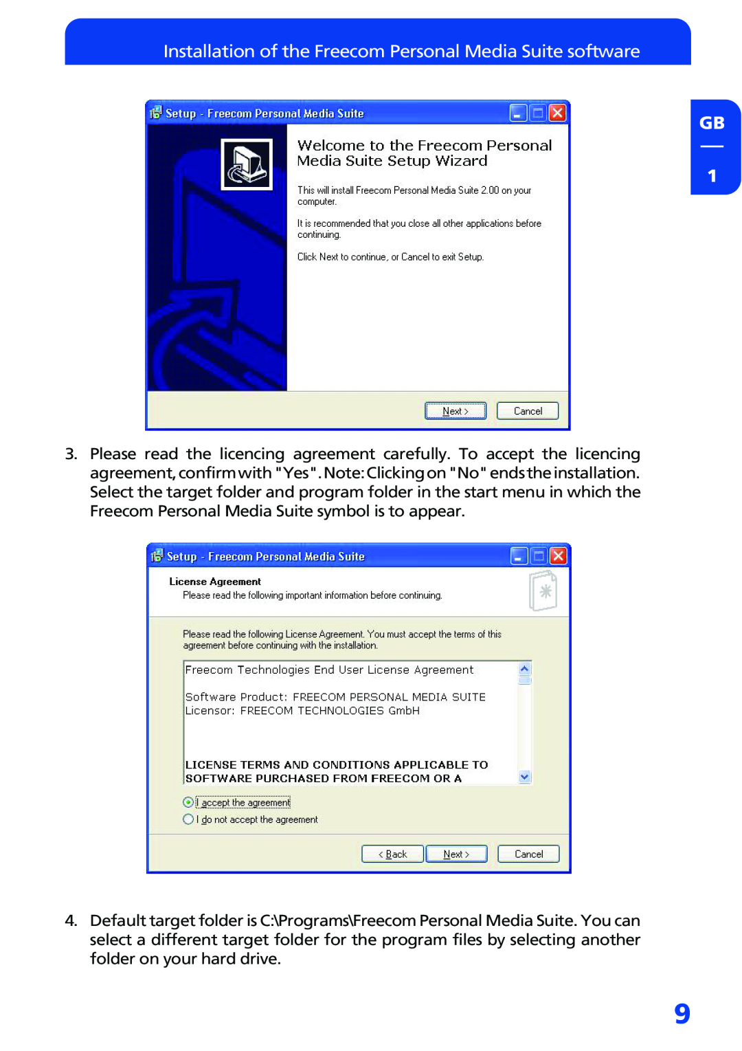 Freecom Technologies FHD-3 manual Installation of the Freecom Personal Media Suite software GB 