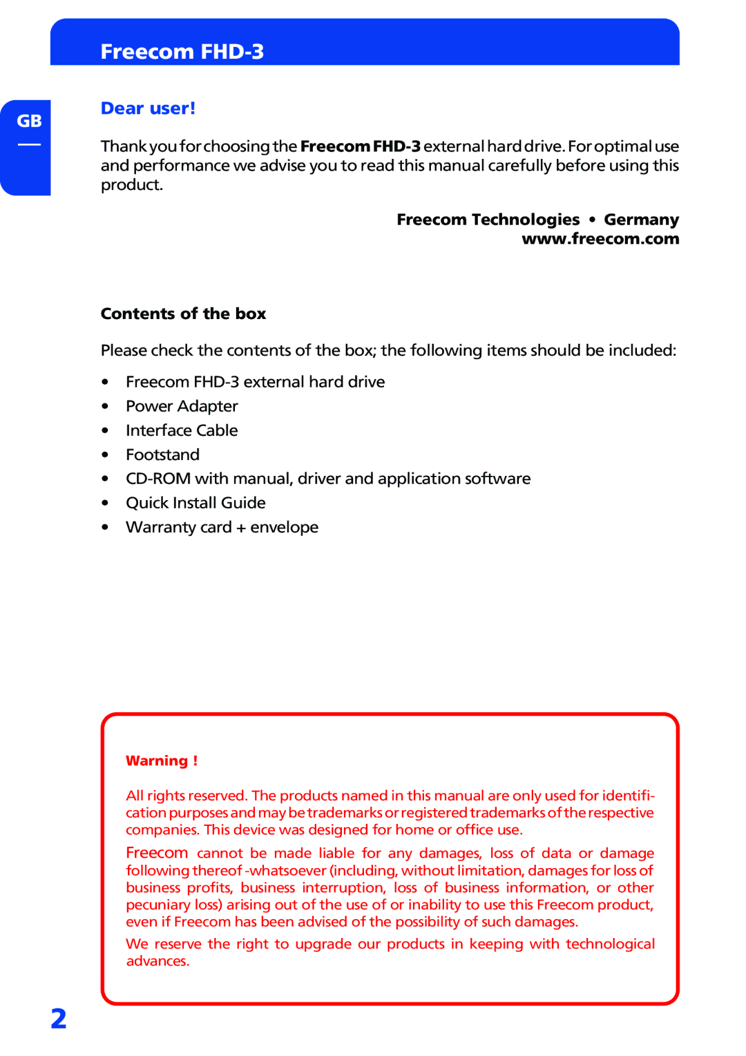 Freecom Technologies manual Freecom FHD-3, Dear user 