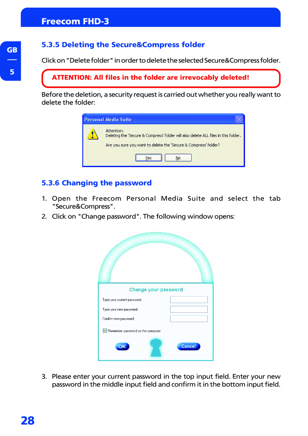 Freecom Technologies FHD-3 manual Deleting the Secure&Compress folder, Changing the password 