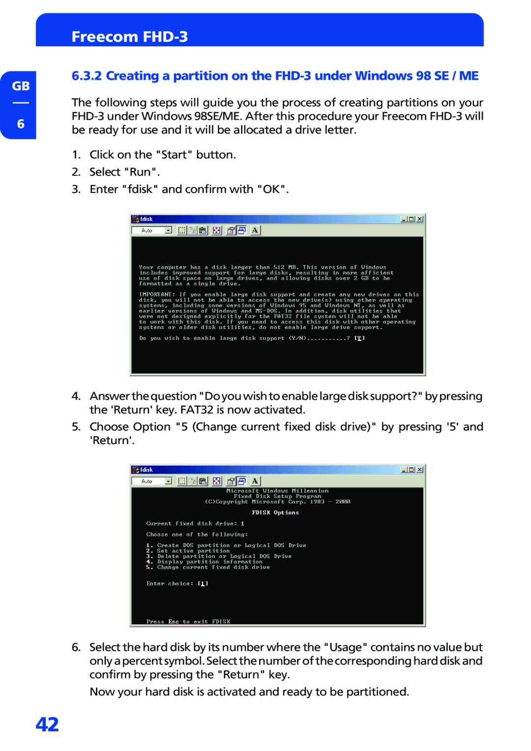 Freecom Technologies manual Creating a partition on the FHD-3 under Windows 98 SE / ME 