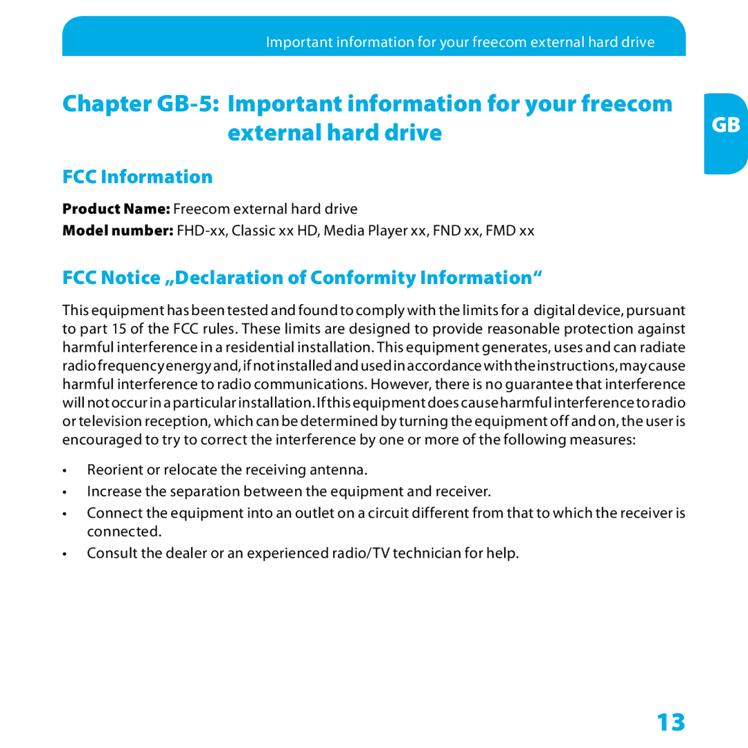 Freecom Technologies FHD-xx manual FCC Information, FCC Notice „Declaration of Conformity Information 