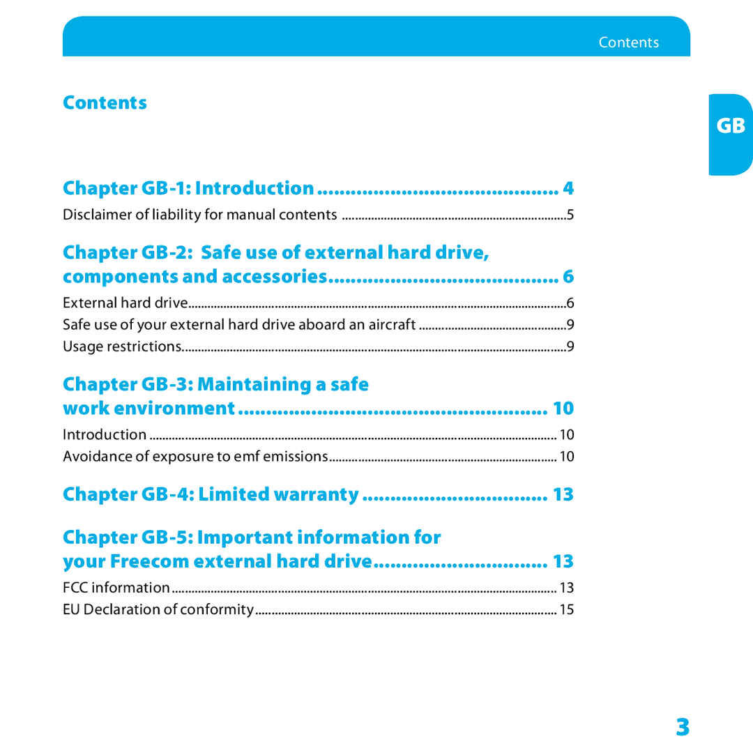 Freecom Technologies FHD-xx manual Contents Chapter GB-1 Introduction, Chapter GB-3 Maintaining a safe Work environment 