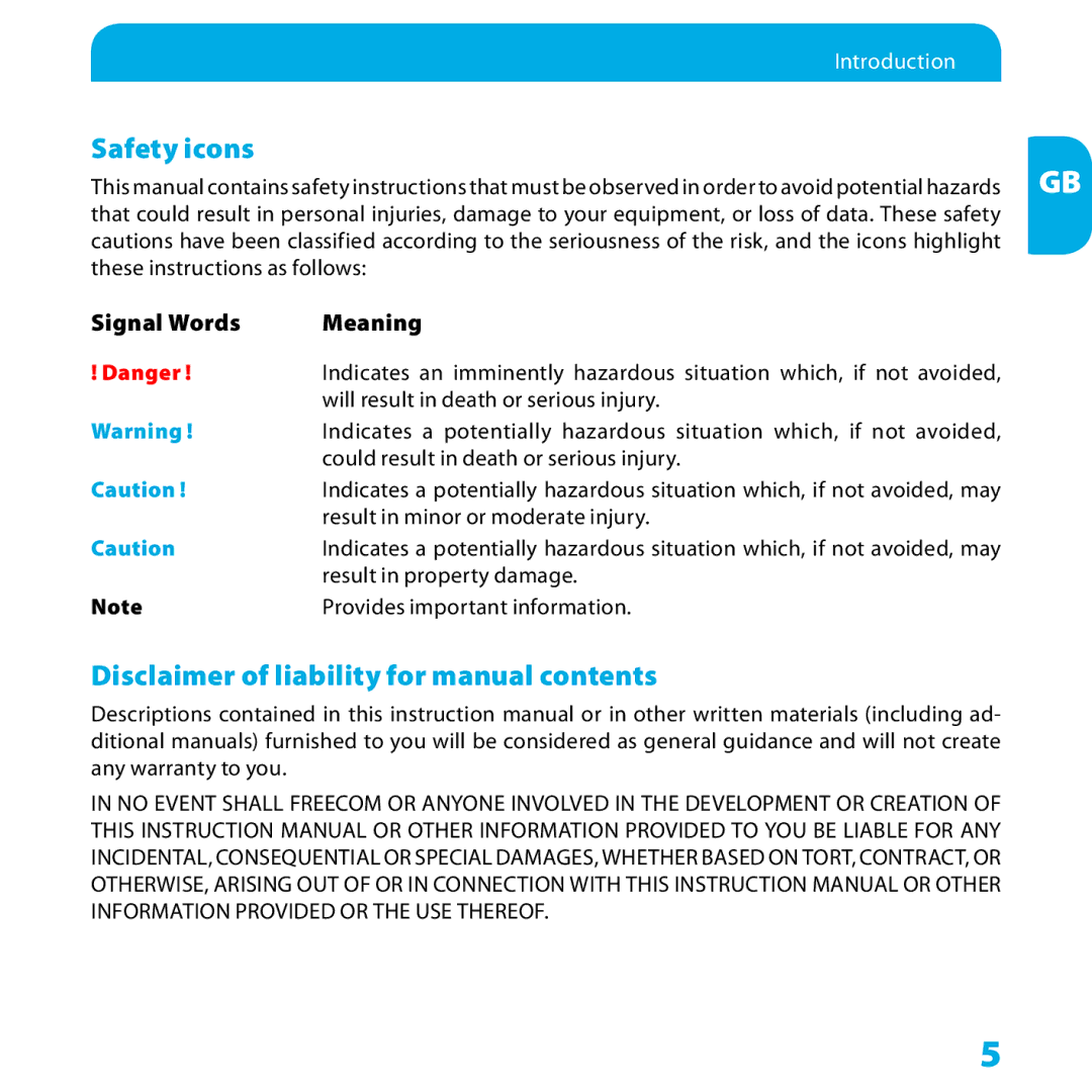 Freecom Technologies FHD-xx Safety icons, Disclaimer of liability for manual contents 