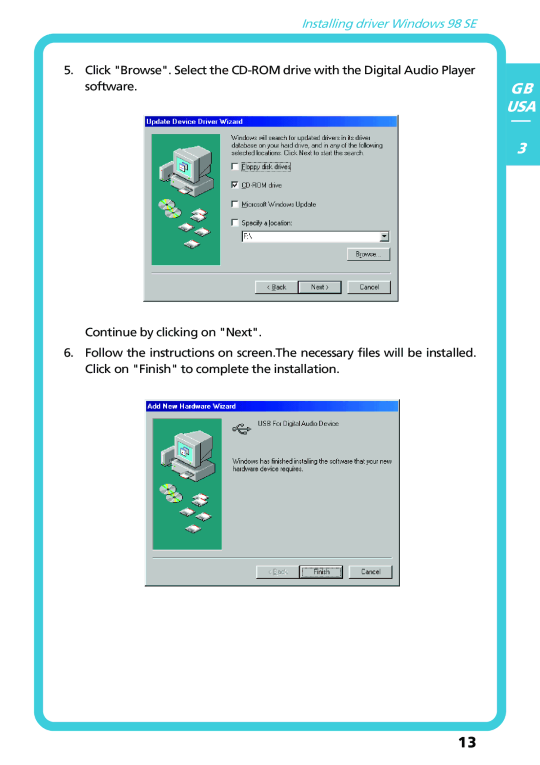 Freecom Technologies Flash MP3 user manual Installing driver Windows 98 SE 