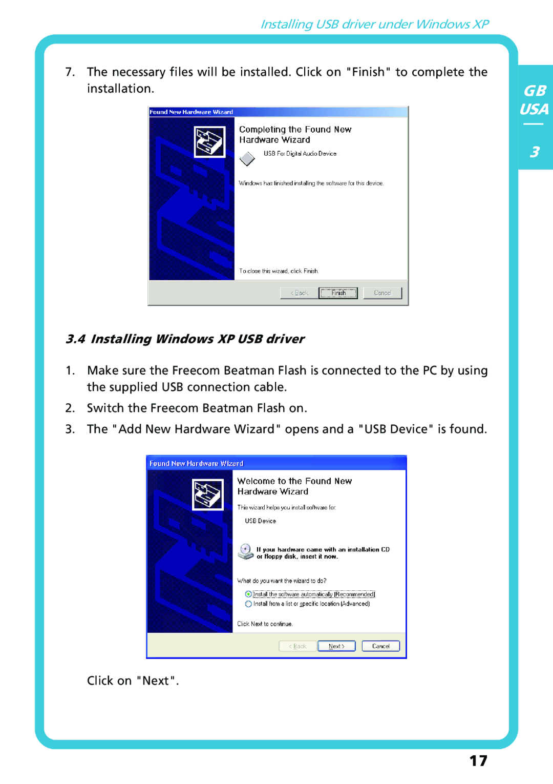 Freecom Technologies Flash MP3 user manual Installing USB driver under Windows XP 