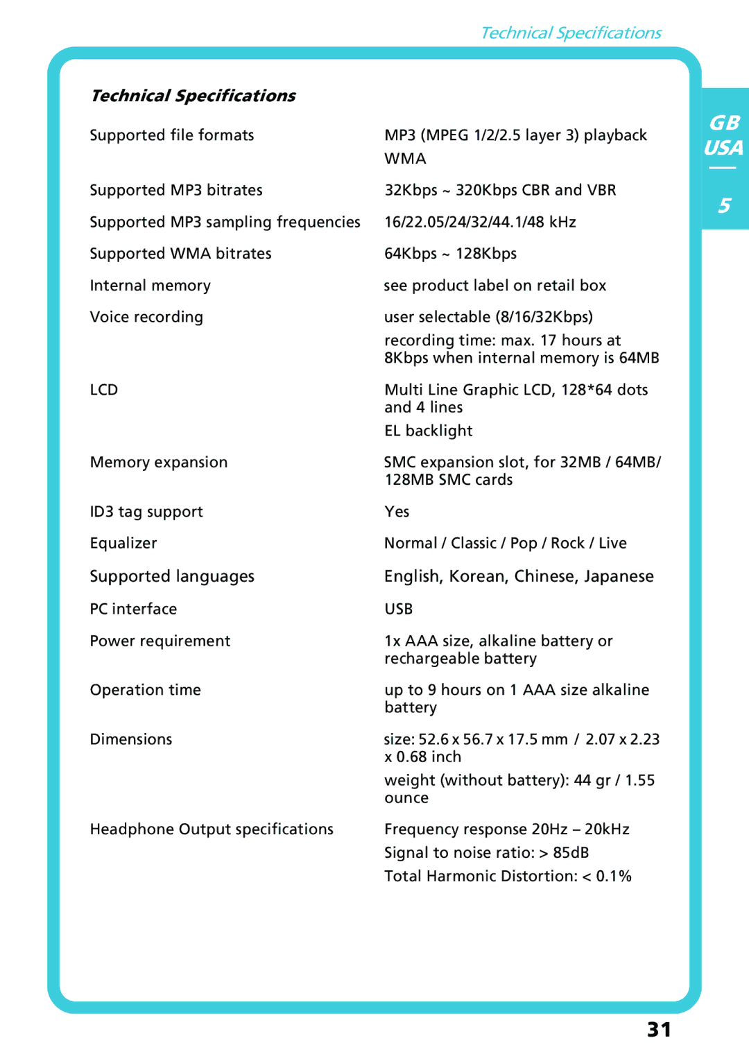 Freecom Technologies Flash MP3 user manual Technical Specifications 