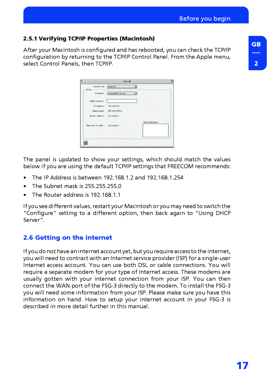 Freecom Technologies FSG-3 manual Getting on the internet, Verifying TCP/IP Properties Macintosh 