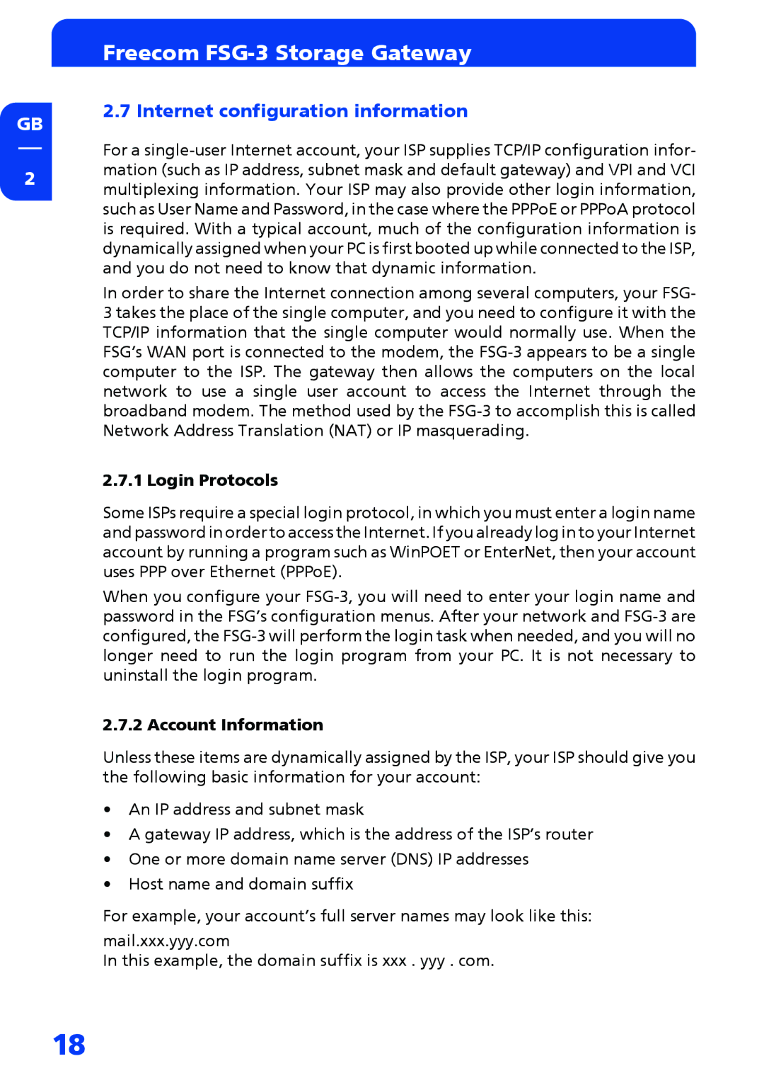 Freecom Technologies FSG-3 manual Internet configuration information, Login Protocols, Account Information 