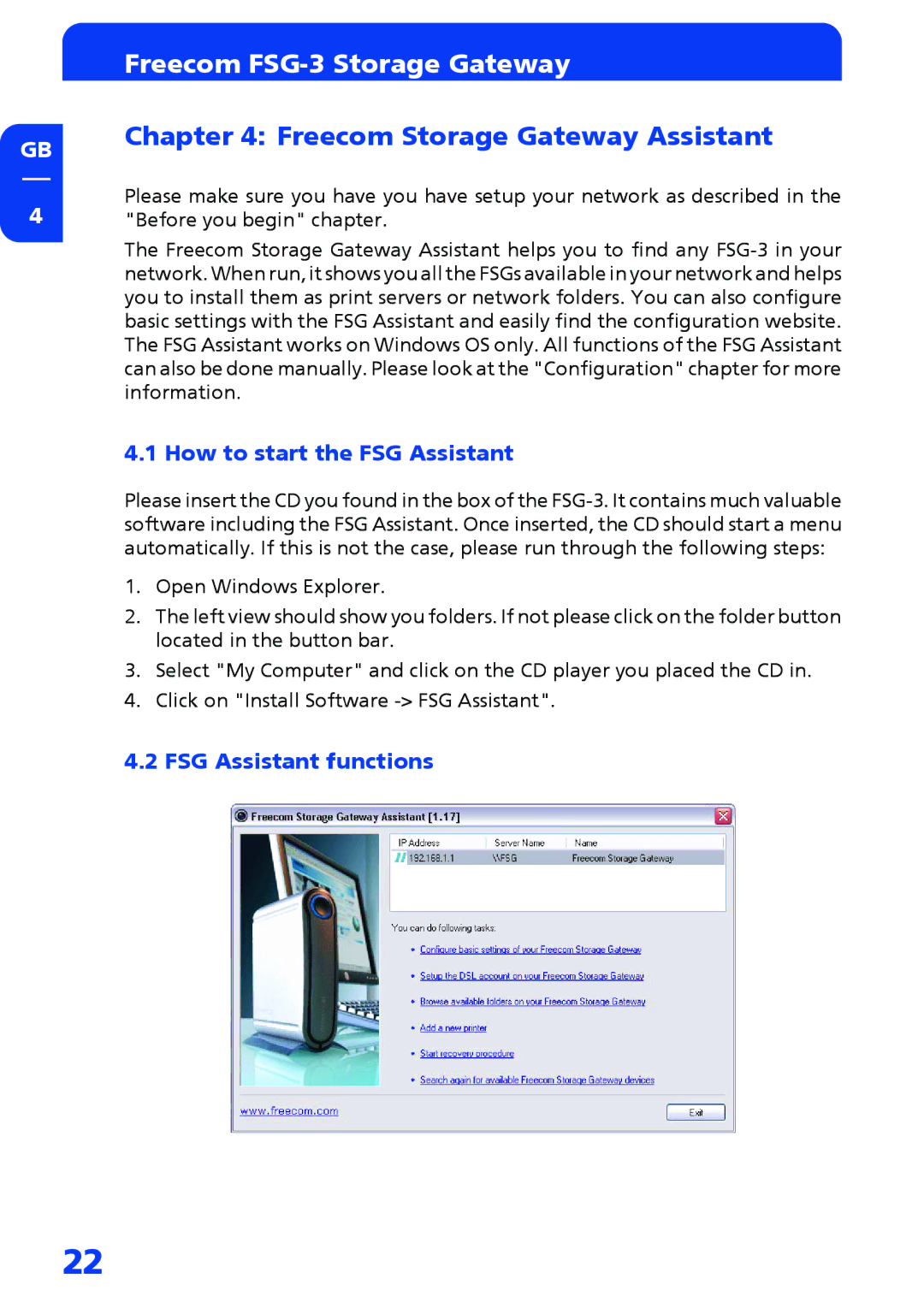 Freecom Technologies FSG-3 Freecom Storage Gateway Assistant, How to start the FSG Assistant, FSG Assistant functions 