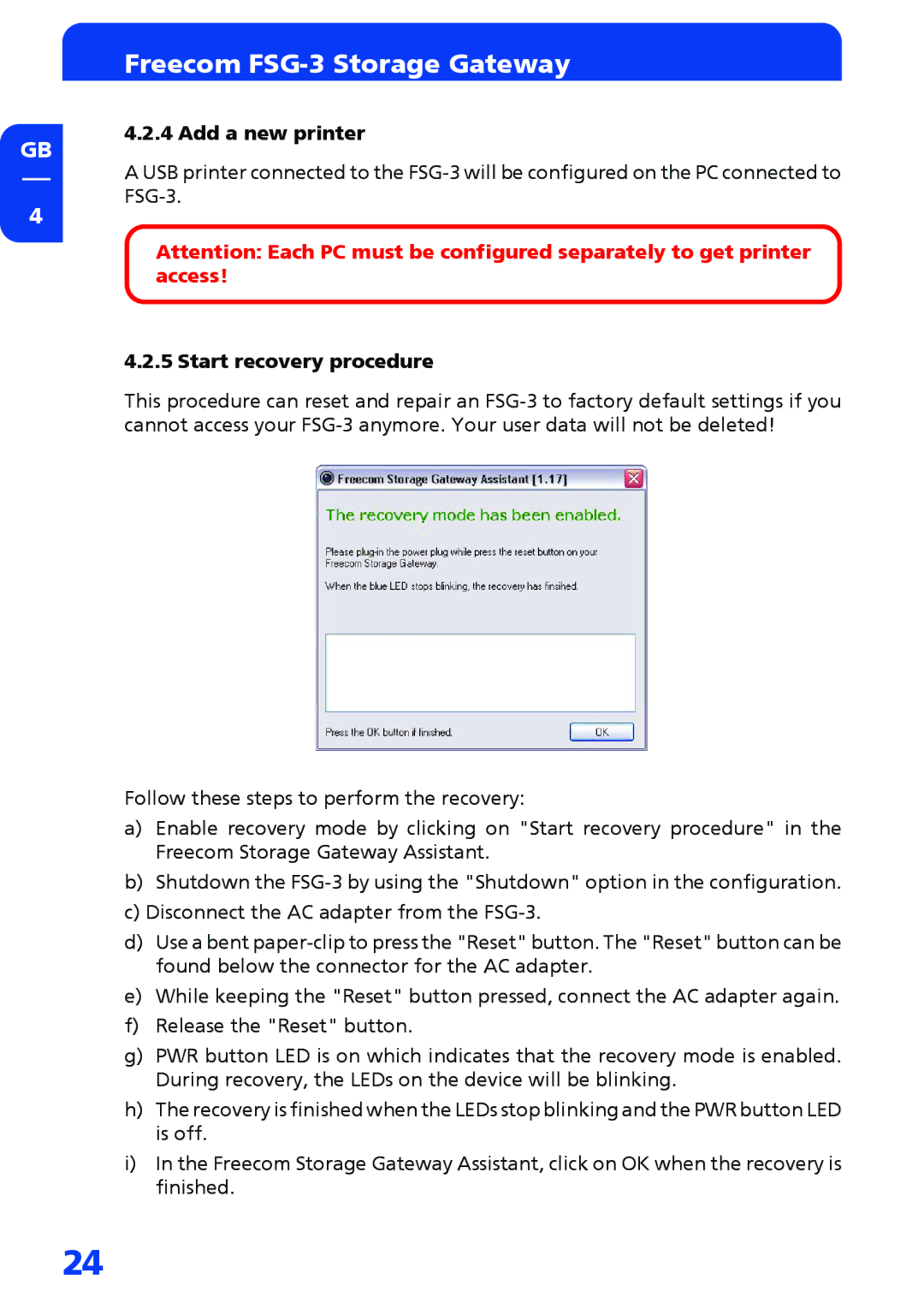 Freecom Technologies FSG-3 manual Add a new printer, Start recovery procedure 