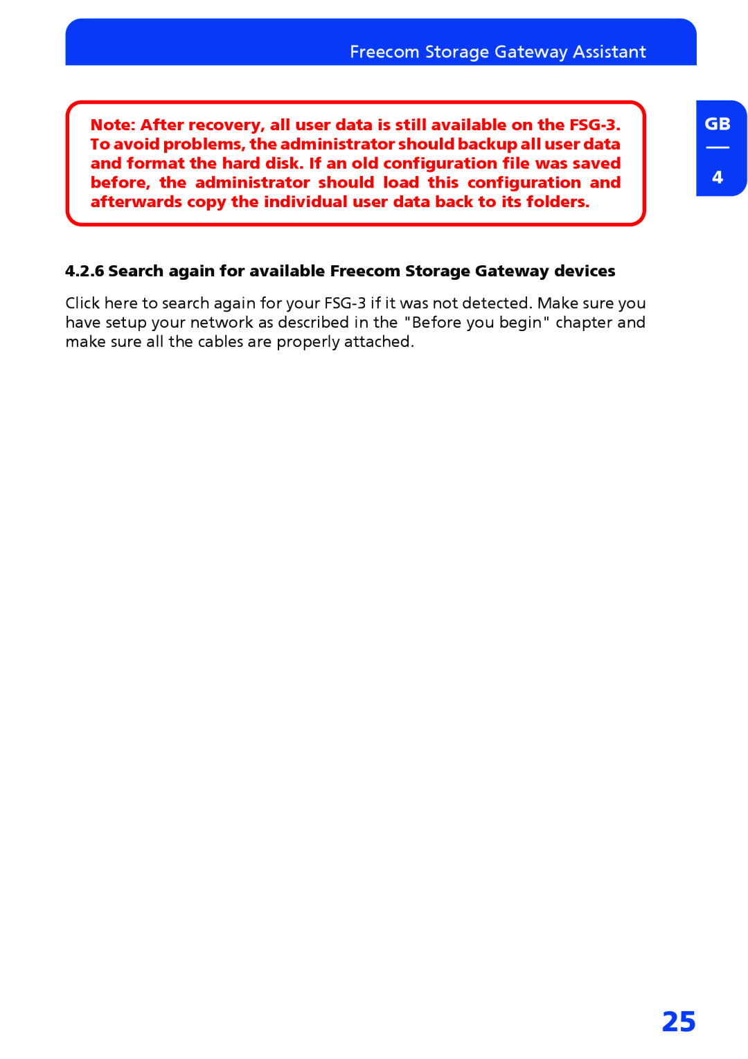 Freecom Technologies FSG-3 manual Search again for available Freecom Storage Gateway devices 