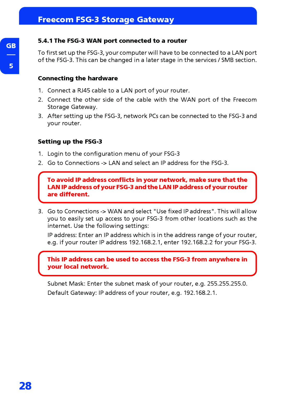 Freecom Technologies manual FSG-3 WAN port connected to a router, Connecting the hardware, Setting up the FSG-3 