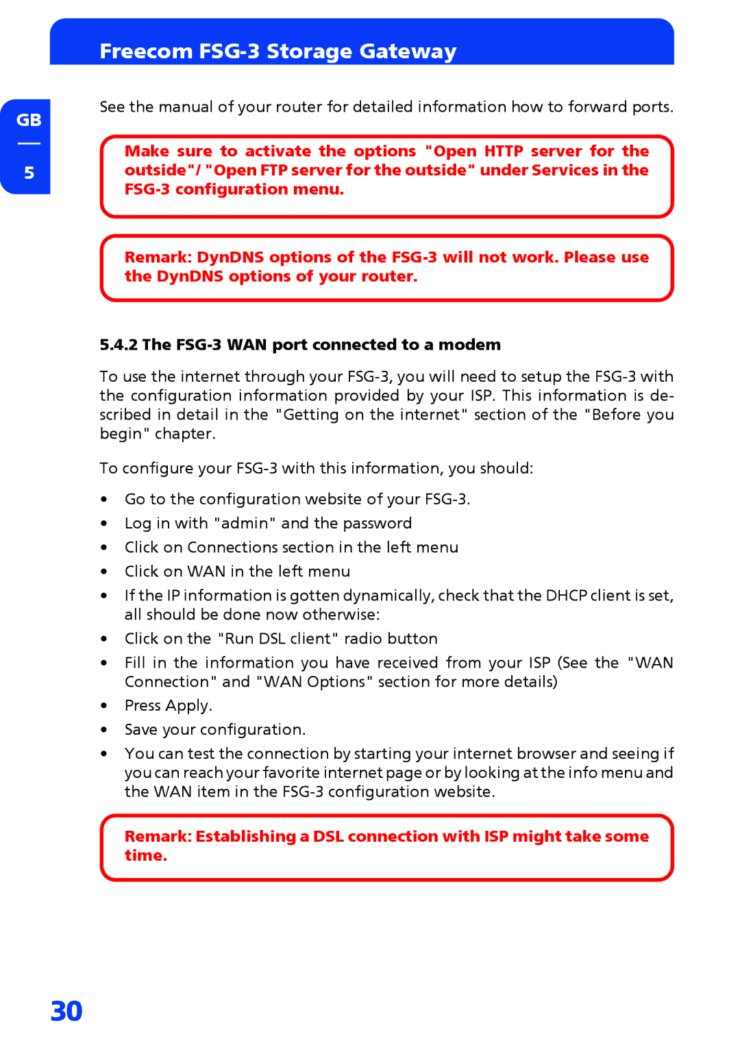 Freecom Technologies manual FSG-3 WAN port connected to a modem 