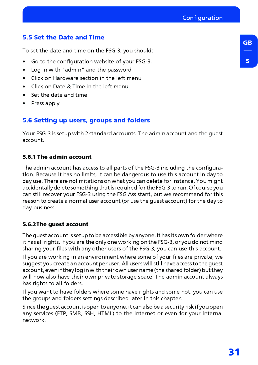 Freecom Technologies FSG-3 Set the Date and Time, Setting up users, groups and folders, Admin account, 2The guest account 