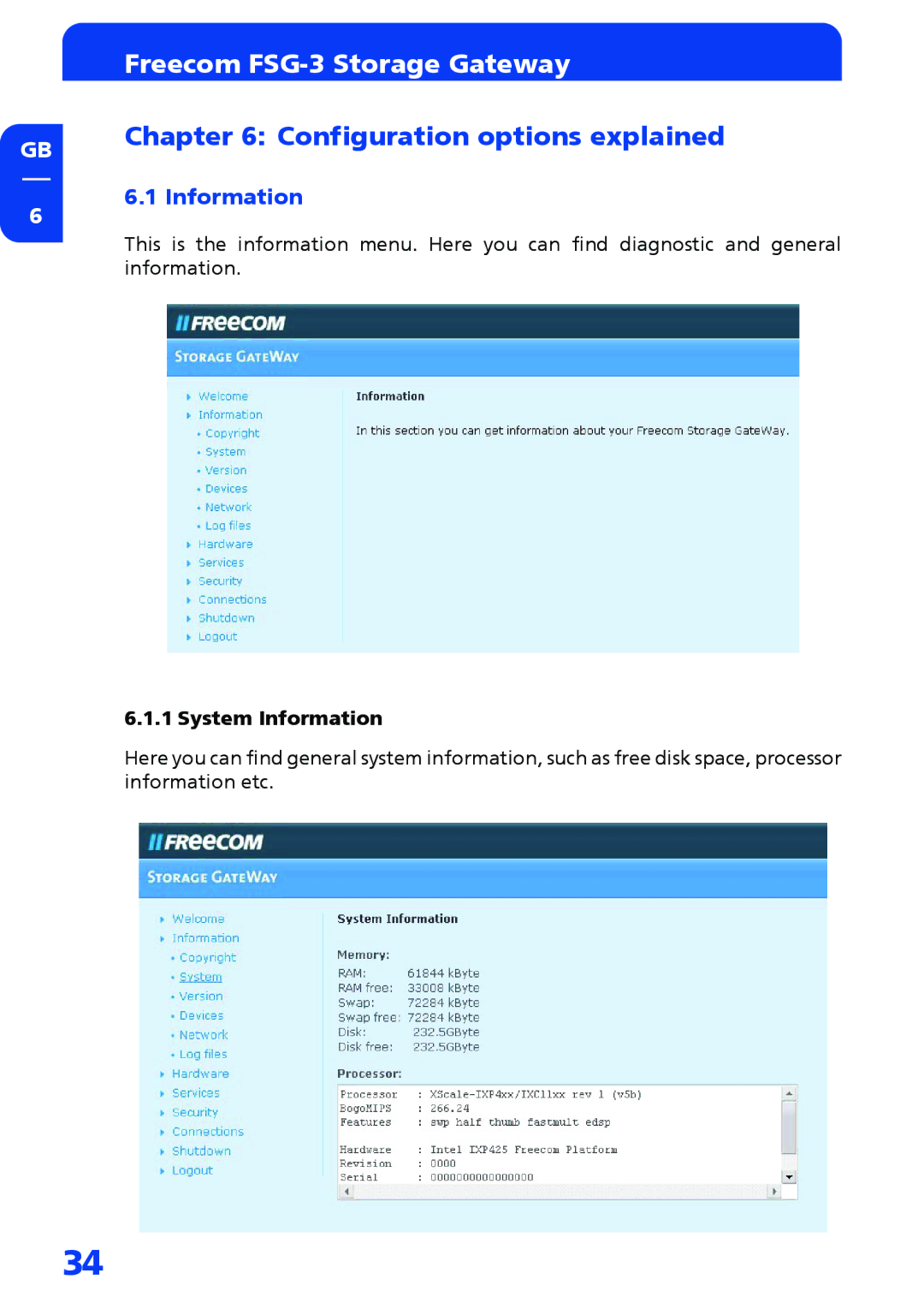 Freecom Technologies FSG-3 manual Configuration options explained, System Information 