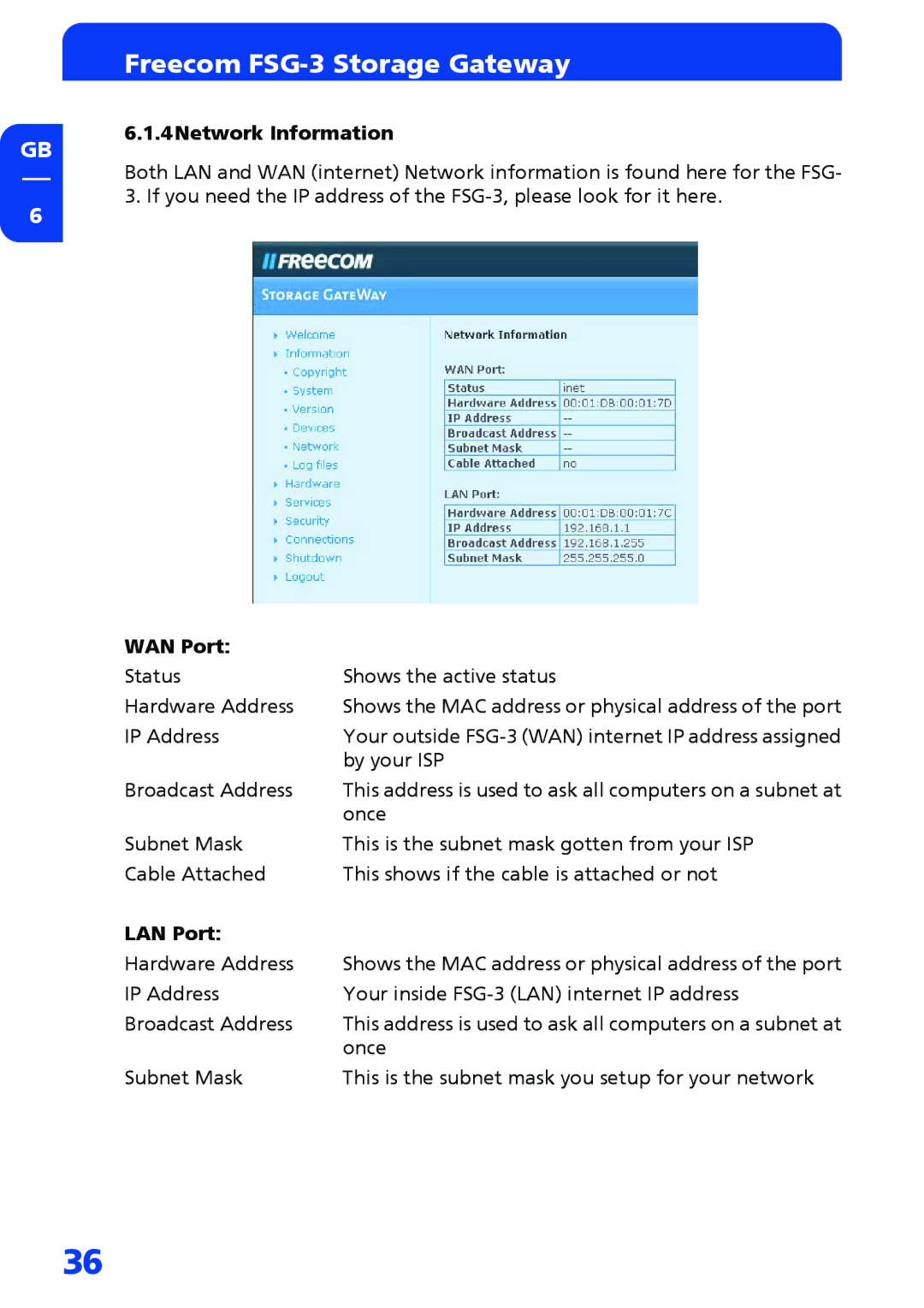 Freecom Technologies FSG-3 manual 4Network Information, WAN Port, LAN Port 