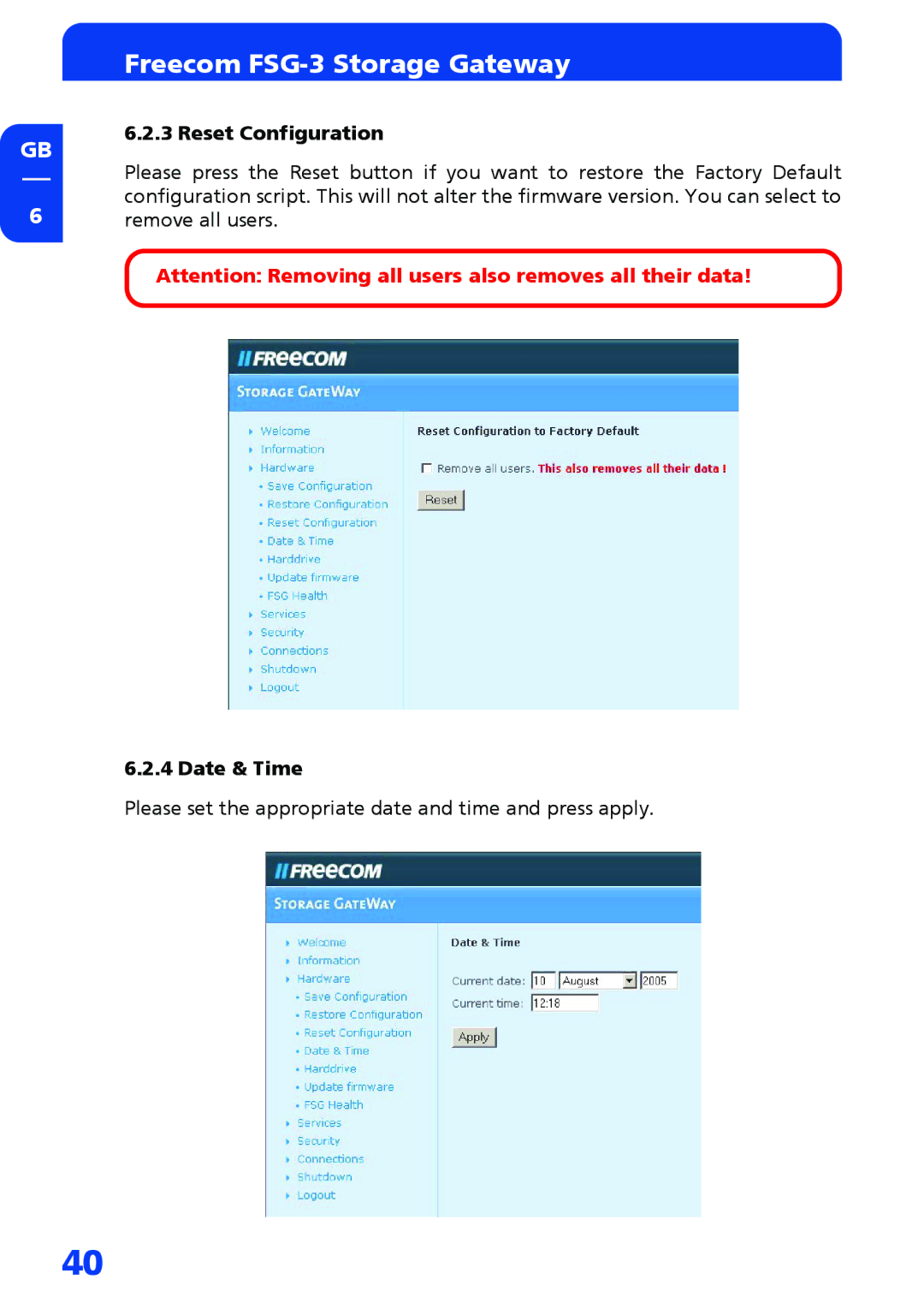 Freecom Technologies FSG-3 manual Reset Configuration, Date & Time 