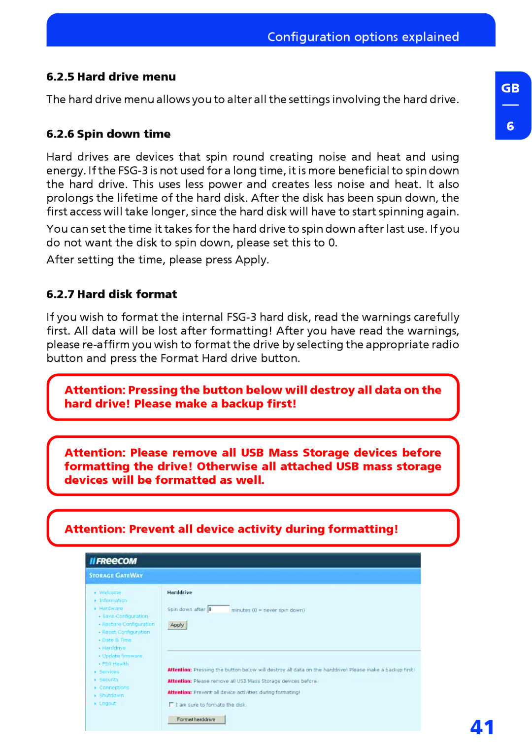 Freecom Technologies FSG-3 manual Hard drive menu, Spin down time, Hard disk format 