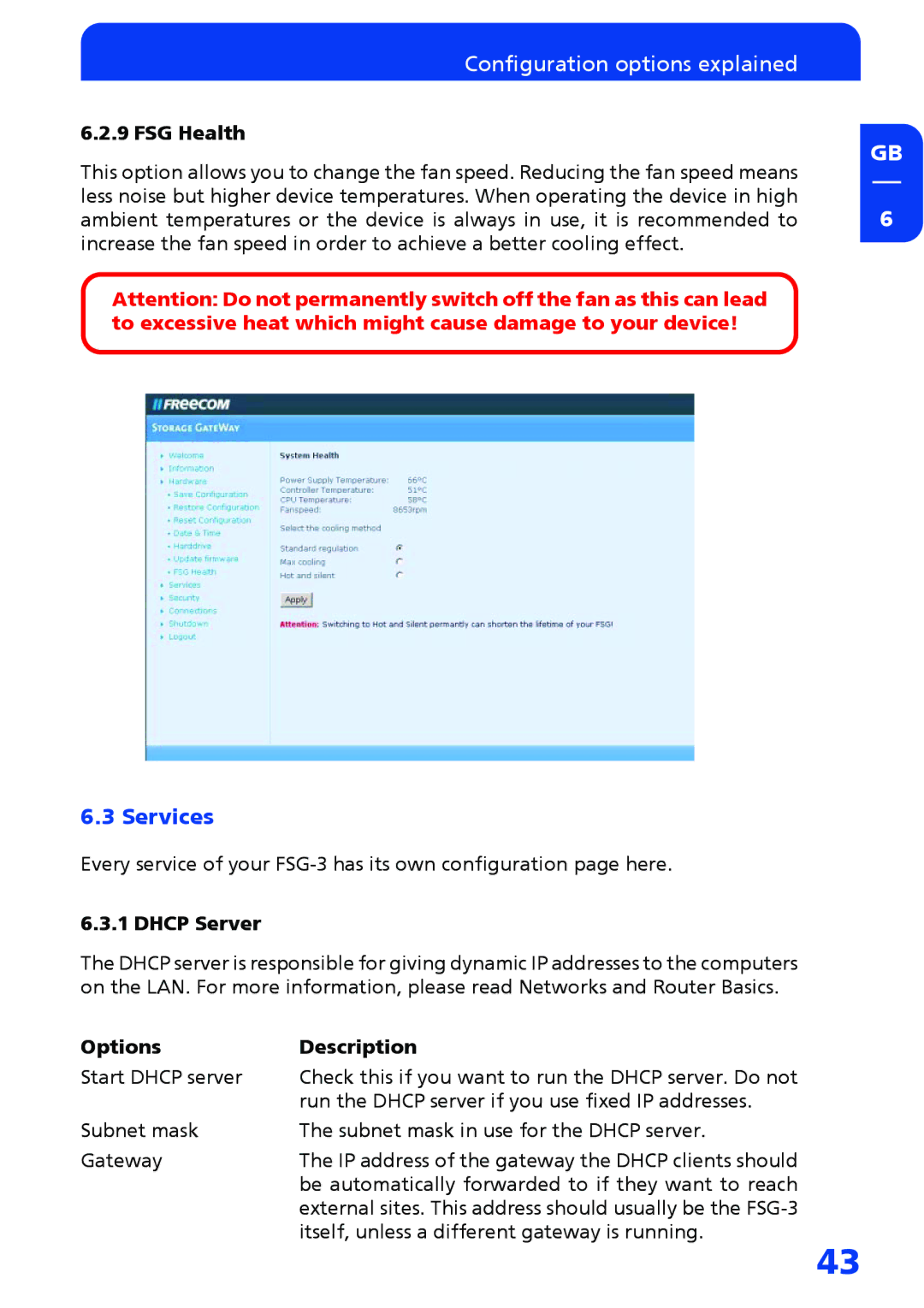 Freecom Technologies FSG-3 manual Services, FSG Health, Dhcp Server, Options Description 