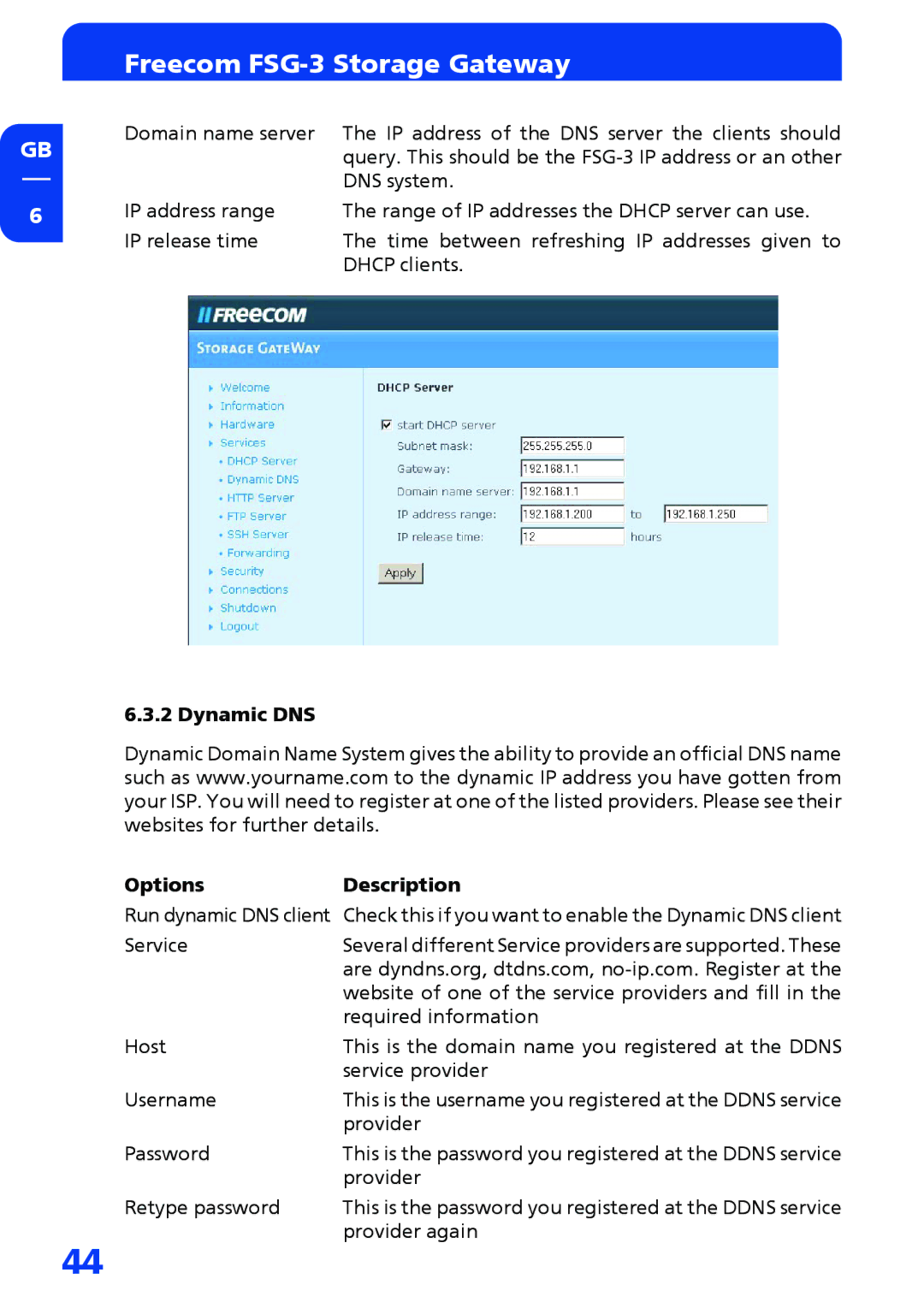 Freecom Technologies FSG-3 manual Dynamic DNS OptionsDescription 