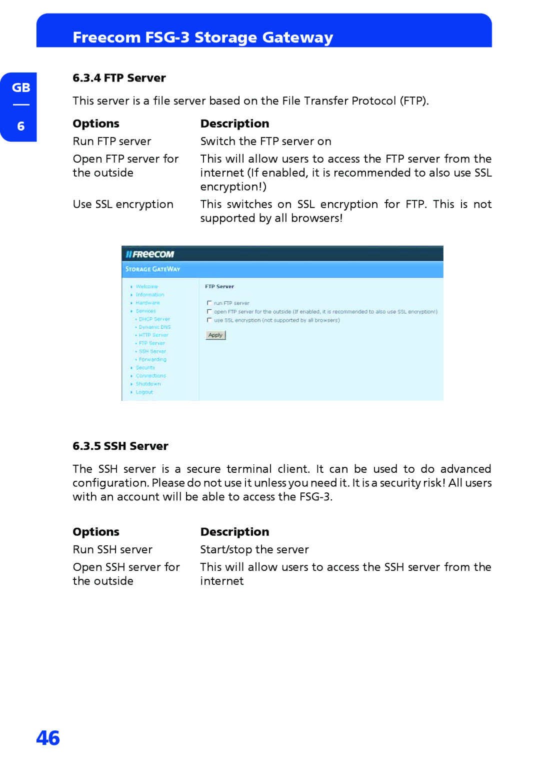 Freecom Technologies FSG-3 manual FTP Server, SSH Server 