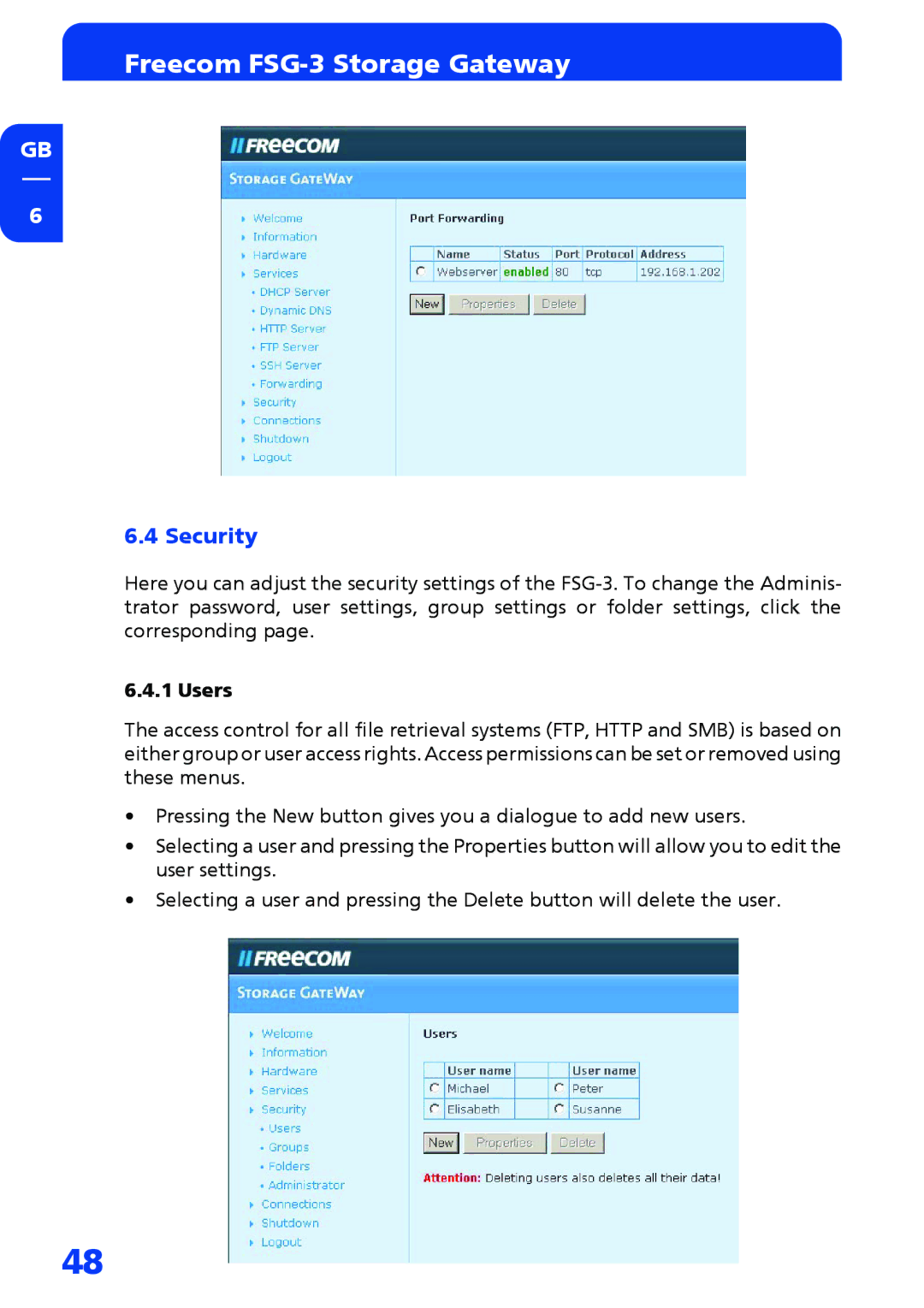 Freecom Technologies FSG-3 manual Security, Users 